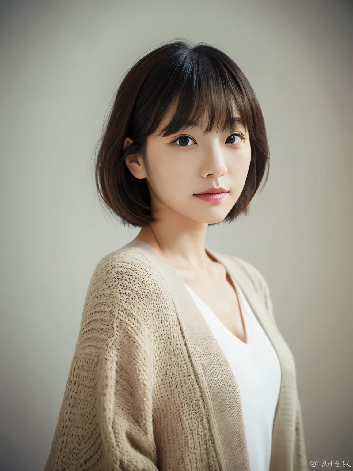 ((masutepiece,top-quality)), (photographrealistic:1.4),((masutepiece,8K)),hight resolution,Studio Soft Light, Rim Lights, vibrant detail, realistic skin textures,Japanese, 1 beautiful woman, Short hair, Wave hair, faint thin bangs, make - up, 38 years, Detailed skin, cardigan, wide-leg pants, White background, White Room,white walls, fully body photo, Looking at Viewer