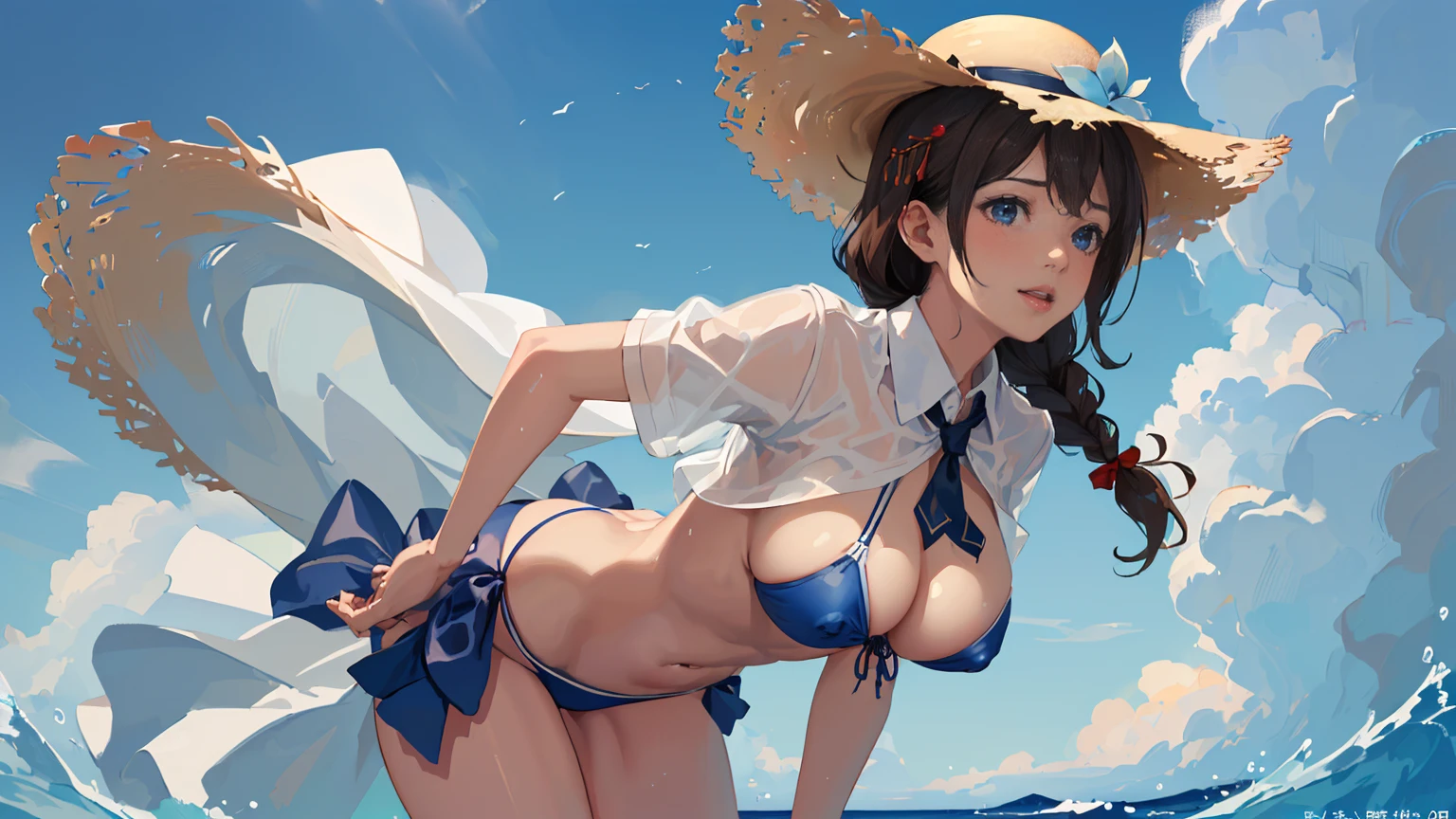 (masterpiece), (best quality), (ultra-detailed), photorealistic, (best illustration), (an extremely delicate and beautiful), 1girl, solo, detailed scenery, radiant beach, blue sky, white cloud, kcshigurek3su, cowboy shot, leaning forward, finely detailed iris, detailed eyes, side-tie bikini bottom, hair ornament, hair flaps, single braid, brown hair, straw hat, hat flower, front-tie bikini top, black necktie, collared shirt, see-through, blue bow, light smile, short sleeves,
Very Fine Eyes Very Fine Face、Insanely detailed body、Extremely fine skin, very elaborate hair ornament, Precisely shaped body and hands Wet Transparent Shirt 1person Big Nipple Big Bust Breast Milk Squirt Orgasm Ahegao sex
