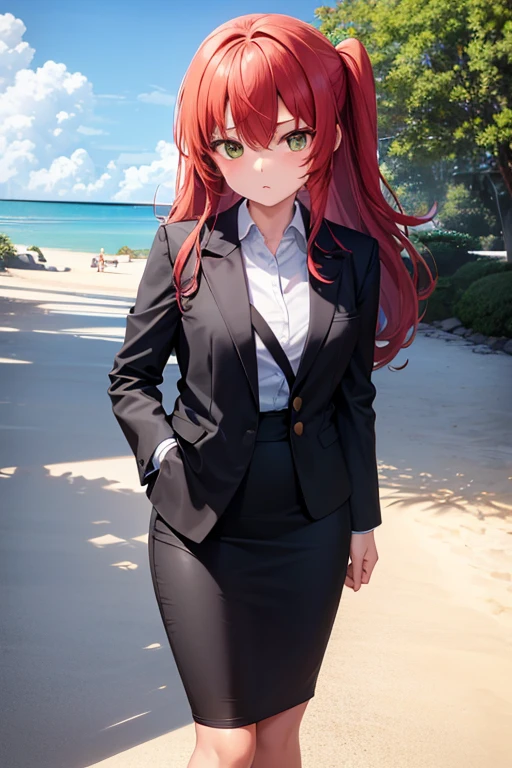 1girl, ikuyo kita, beach background, beach, suit, office lady, black skirt, black blazer, pencil skirt, skirt suit, medium length skirt, white shirt, collared shirt, long hair, ager, looking at viewer, full body