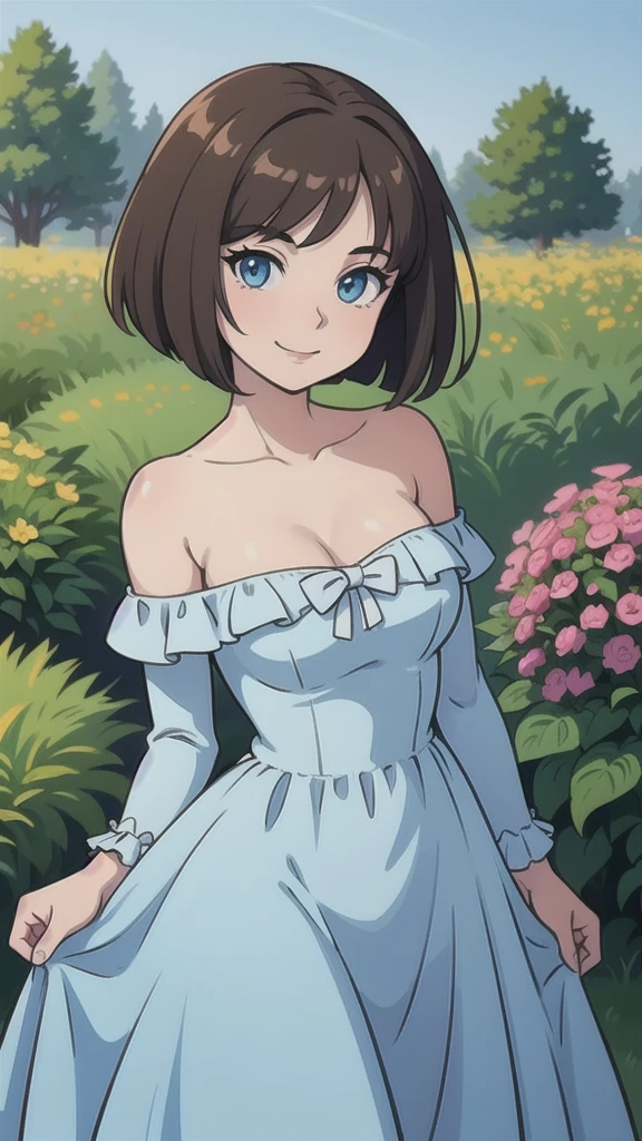 Bianca, brown hair, bob cut, medium hair, blue eyes, soft skin, smile, Light Blue Dress, Strapless Light Blue Dress, Ruffle Off-the-Shoulder Top, Off-the-Shoulder Dress, Long Skirt, anime, masterpiece, best illustration, 2d, very high resolution, 1girl, garden.