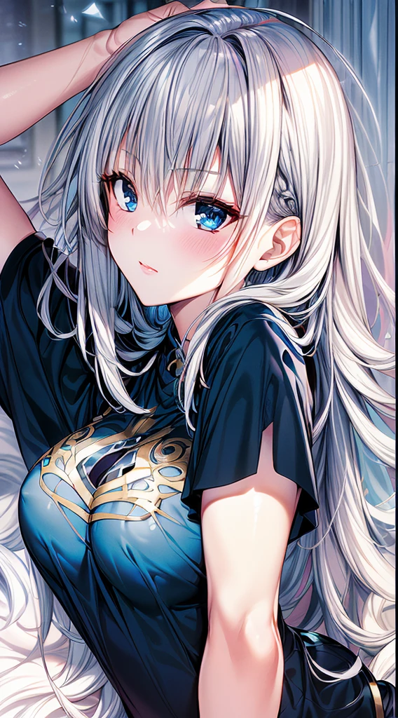 （Enrich the picture，Masterpiece level quality）Beautiful 8K CG artwork,1girl,solo,morgan le fay (fate),detailed face, perfect face, perfect eyes,blue eyes,Long Hair,Very long hair, big boob, grey hair,Slim and soft,big breasts,