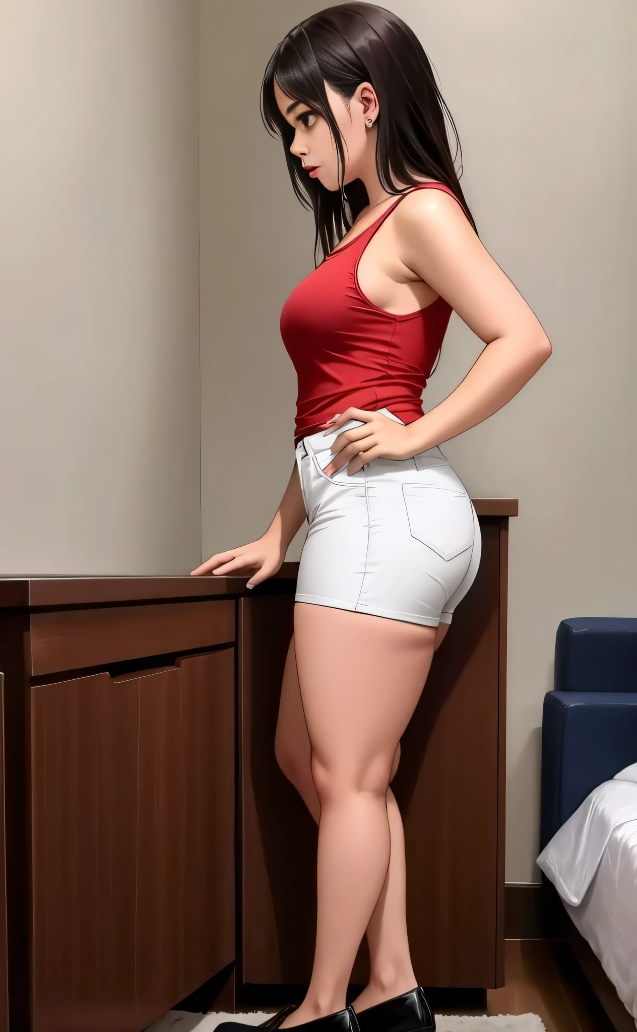 there is a 30 year old Italian woman, vestindo uma blusa vermelha e shorts brancos, posando para uma foto, espesso thighs, espesso, espesso thigs, Em uma pose lateral, espesso legs, Pelo lado, perfil do lado direito, foto de perfil lateral, traje apertado, vista lateral, full body visible, vista lateral, coxas expostas!!!, tiro do lado, foto de corpo inteiro, espesso legs, foto lateral, alta qualidade, high resolution, 8k.