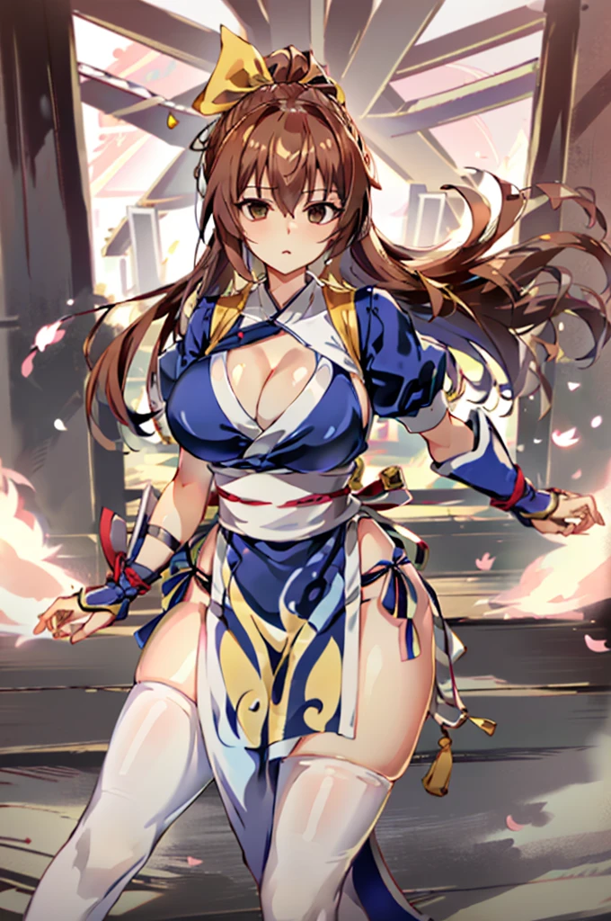 (masutepiece, Best Quality:1.3)
Kasumi, 1girl in, Solo, Long hair, breasts, Looking at Viewer, Bangs, Large breasts, Brown hair, thighs thighs thighs thighs, Dress, bow ribbon, cleavage, Brown eyes, medium breasts, Underwear, 直立, Panties, hair bow ribbon, braid, Short sleeves, Cowboy Shot, Puffy sleeves, white thighs thighs thighs thighs, Puffy Short Sleeves, Lips, sash, pelvis curtain, yellow bow ribbon, Realistic, Nose, arm guards, (Inside the futuristic base),hypnoLora,
(empty gaze posture:1.4)