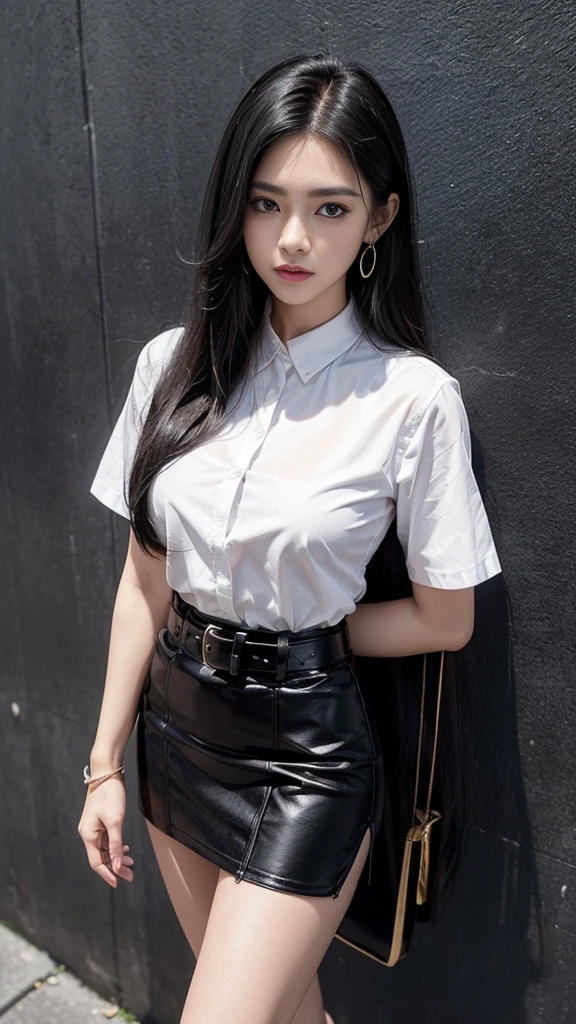 ผู้หญิงญี่ปุ่นที่charming, charming, charmingน่าหลงใหล, ((black hair, long hair long hairมาก, long hairตรง, long hair, The wind is blowing)), ((Beautiful Woman, The texture is realistic., elegant, big girl, dynamic gesture)), ((white short sleeve shirt The shirt is thin and the skin is visible., The chest is clearly visible., Seeing the chest mound., You will see a pile of milk.)), ((short skirt, Black pencil skirt, Black pencil skirtพร้อมเข็มขัดผู้หญิง, Black leather skirt with women's belt)), ((Symmetrical shape, sexy figure)), ((The heel is completely black., earring, Put on a watch, women's jewelry)), ((full body photo, Look at every part of the body.)), ((university backdrop))