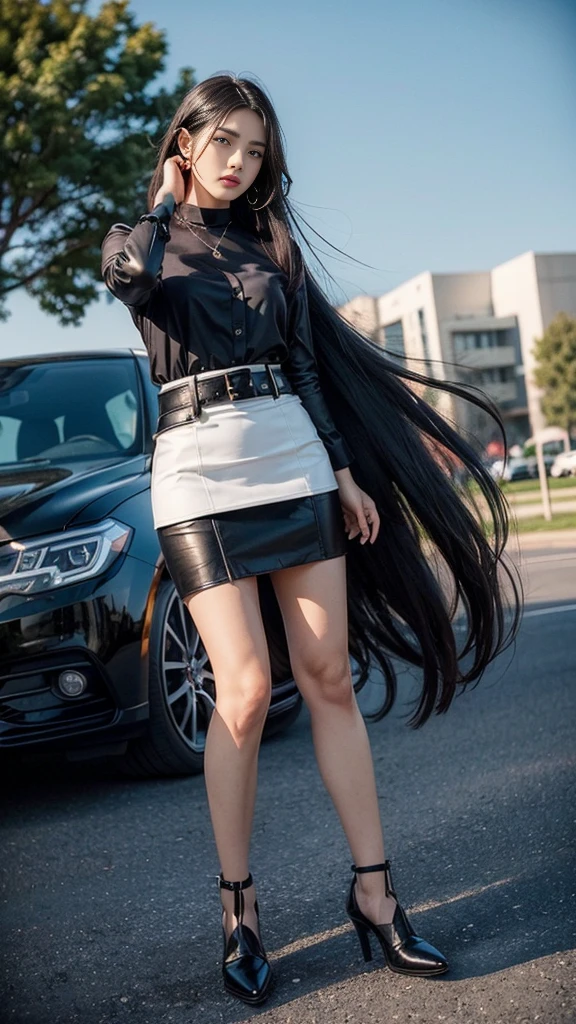 ผู้หญิงญี่ปุ่นที่charming, charming, charmingน่าหลงใหล, ((black hair, long hair long hairมาก, long hairตรง, long hair, The wind is blowing)), ((Beautiful Woman, The texture is realistic., elegant, big girl, dynamic gesture)), ((white short sleeve shirt The shirt is thin and the skin is visible., The chest is clearly visible., Seeing the chest mound., You will see a pile of milk.)), ((short skirt, Black pencil skirt, Black pencil skirtพร้อมเข็มขัดผู้หญิง, Black leather skirt with women's belt)), ((Symmetrical shape, sexy figure)), ((The heel is completely black., earring, Put on a watch, women's jewelry)), ((full body photo, Look at every part of the body.)), ((university backdrop))