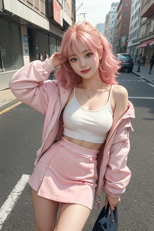 highest quality、masterpiece、Super high resolution、Photoreal、Raw photo、1 girl、sexy look、hair pink、hair over shoulders、The lower half is curled and sauvage、cute smile like a model、frontage、tight orange miniskirt、Ordinary high heels、eyes are double、wear mascara、Cute pose like a model、eyes are blue、hair color is pink、Outside the university campus on a sunny day、bright smile、cold winter season、trendy down jacket、A cute and well-shaped face like the ultimate model、clothes suitable for winter、Chest gaps、
