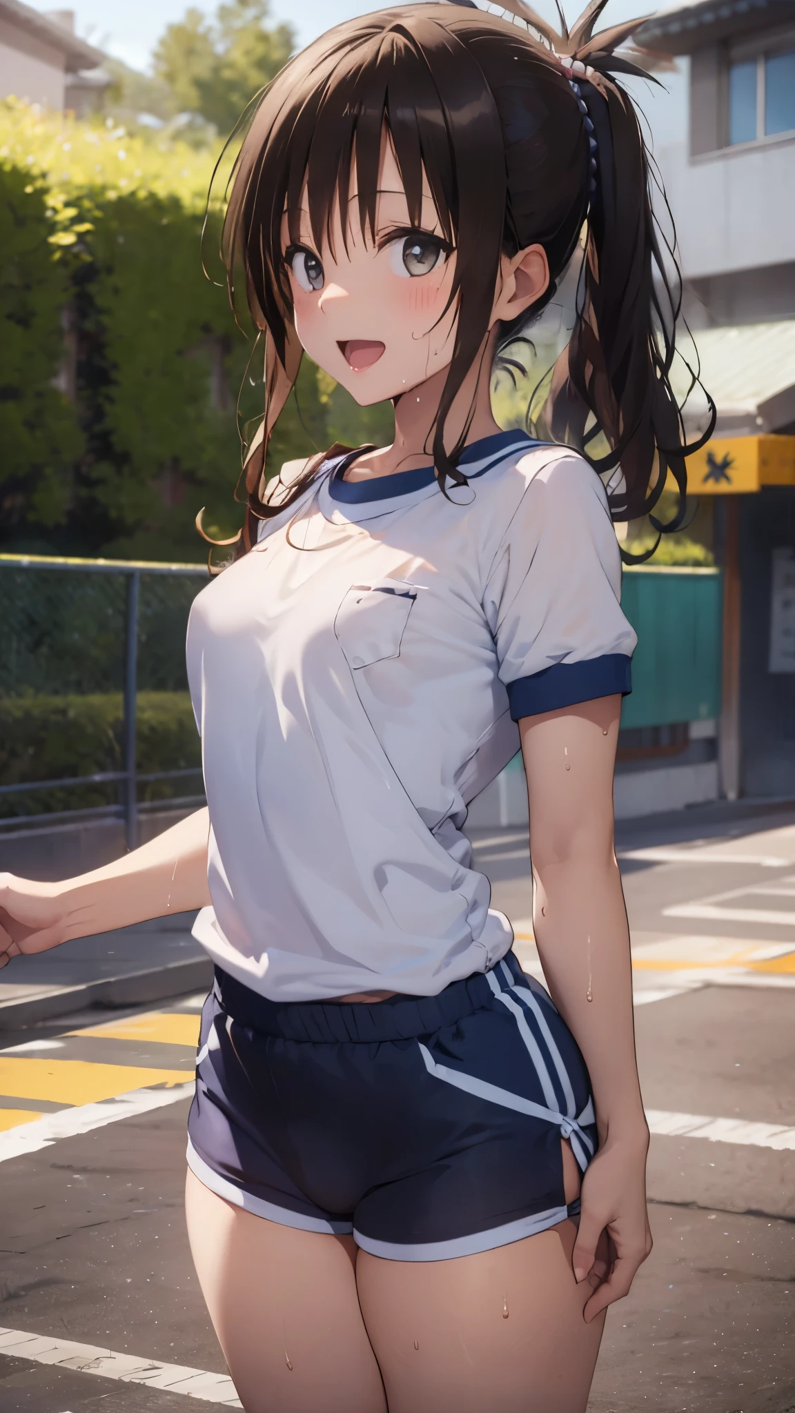 1 female,black hair,((************)),(((White short sleeve gym uniform and blue gym uniform)))(((blush、open mouth smile)),(((Yuki Mikan))),crowd(Baby girl body shape)(((small breasts)))sexy pose,((wet with sweat))Outside playground