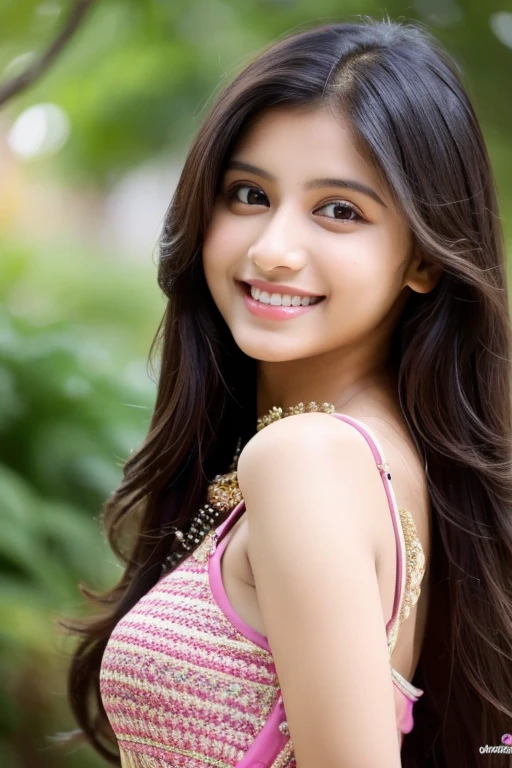 Pic from bottom, 1 girl, 10 years old, cute indian girl, wearing cute lehengas, flowers on hand, looking beautiful, smiling, looking at sky,beautiful eyes.