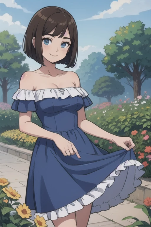 Bianca, brown hair, bob cut, medium hair, blue eyes, soft skin, smile, Light Blue Dress, Strapless Light Blue Dress, Ruffle Off-the-Shoulder Top, Off-the-Shoulder Dress, Long Skirt, anime, masterpiece, best illustration, 2d, very high resolution, 1girl, garden.