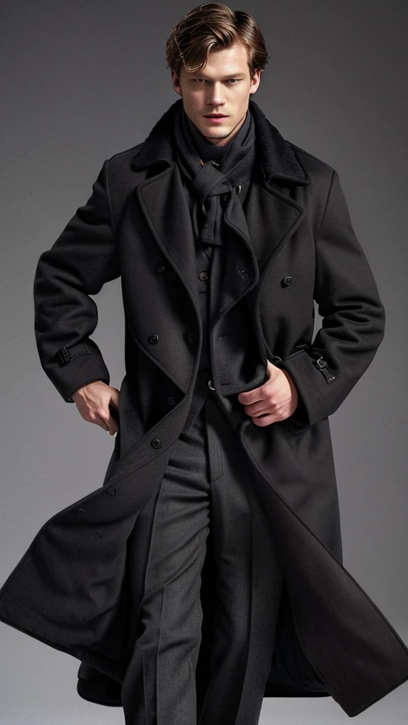 arafed image of Lucas Till in a coat and scarf walking, detective coat, he wearing a black trenchcoat, he's a hitman in peacoat, wearing black overcoat, dark coat, he wearing a trenchcoat, wearing a long coat, ( ( wearing a long coat ) ), detective clothes, wearing long black winter coat