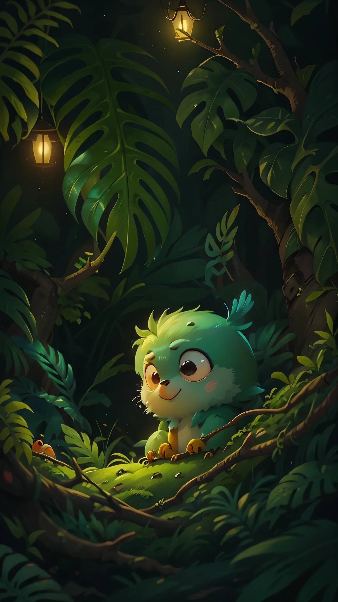 Tropical rainforest at night，Cute parrot sleeping in the nest，it closes its eyes，Go to sleep，close up, Pixar cinematic style, best quality, movie stills, very cute,