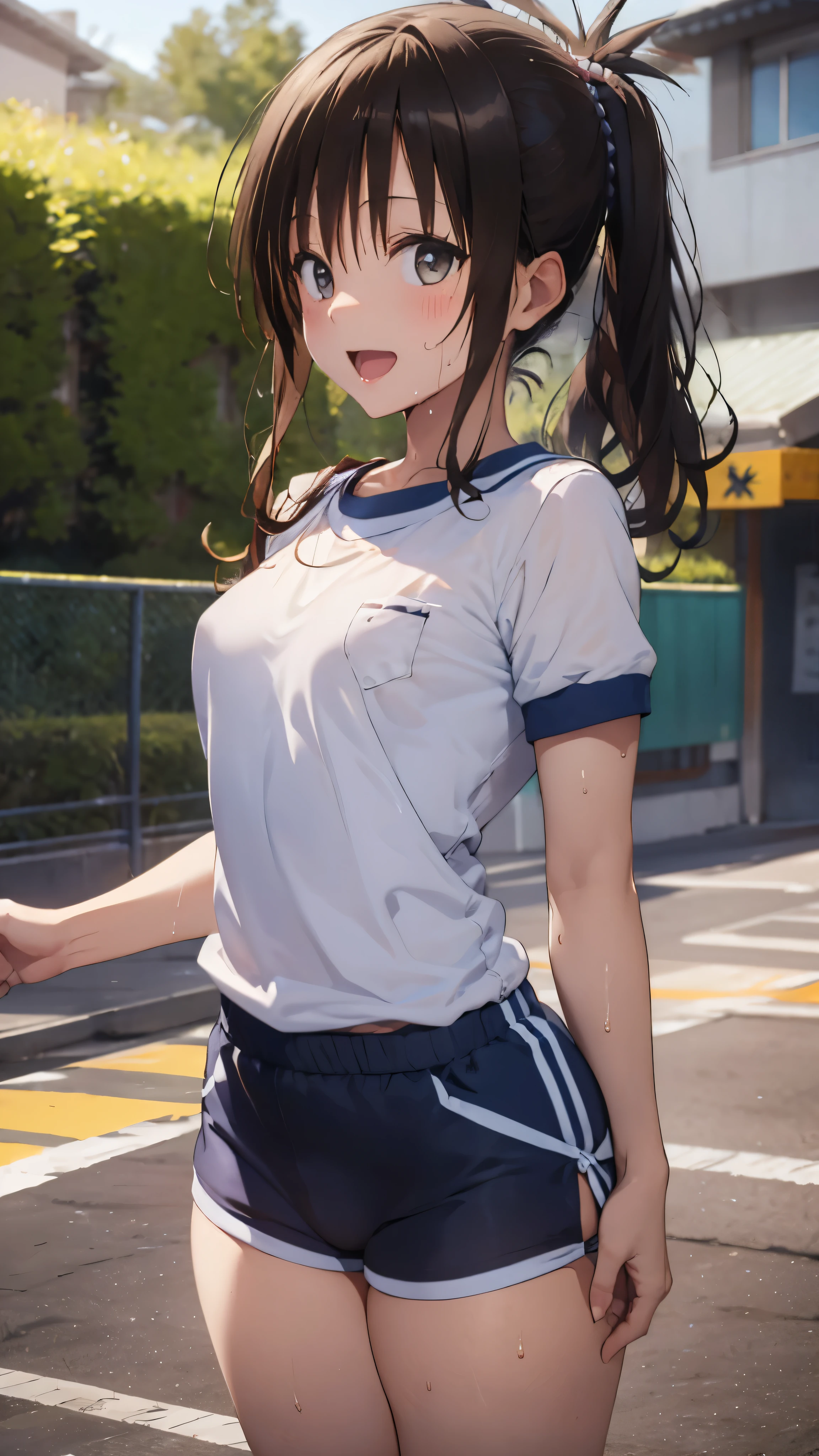 1 female,black hair,((************)),(((White short-sleeved gym uniform and blue gym uniform)))(((blush、open mouth smile)),(((Yuki Mikan))),crowd(baby girl body shape)(((small breasts)))sexy pose,((wet with sweat))outdoor playground