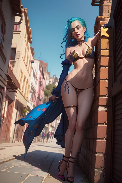 Masterpiece, Jinx from Arcane, flirty expression, transparent bikini, standing above the viewer, (view from the ground: 1.5), wearing high heels and bare legs, secret lair background, intricately detailed background, (UHD, 8K wallpaper, High resolution), Cinematic lighting, award-winning, extremely detailed skin, extra detailed face, high detail eyes, photo-realistic, Zeiss 85 mm F/1.4, by Ellen von Unwerth