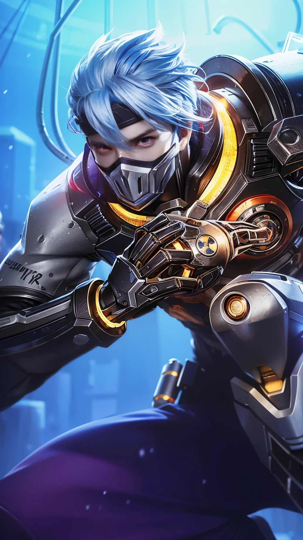 (photorealistic:1.4), best quality, masterpiece, ultra high res, 1man, (detailed face:1.2), (detailed eyes:1.2), (detailed hair:1.2), (detailed clothes:1.2), 4k, (detailed color:1.2),cyborg red eyes, blue hair