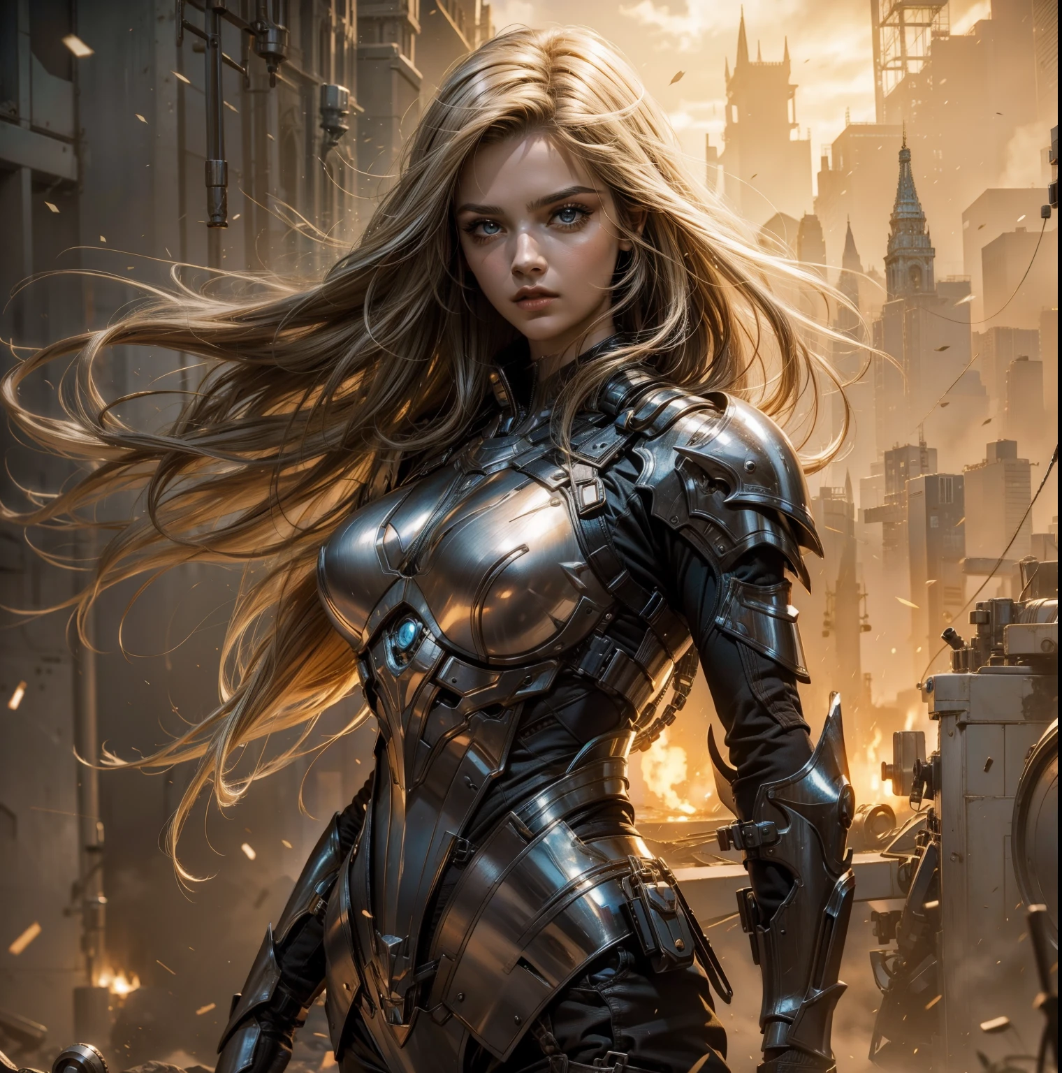 Superhero beauty young girl in ultrarealist sci-fi steel tatical armor