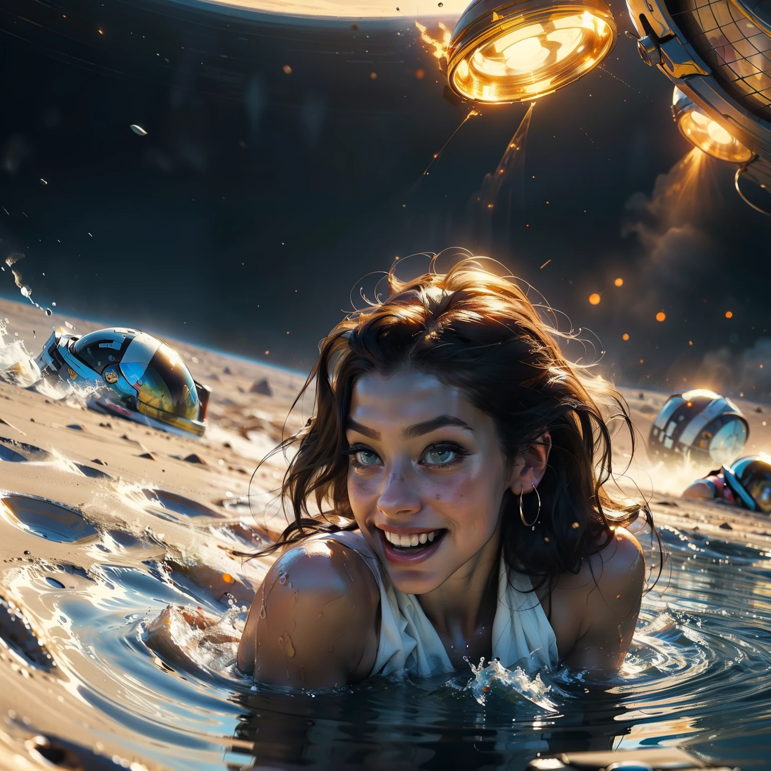 Astronaut style white and gold trim bikini (breast) and clear helmet, with a group of soldiers behind her, beautiful sci-fi art, beautiful smile, Girl is half way submerged in a small pool of water, waiting for a kiss, turning and looking at the camera, space warrior, sunrise over solar punk city, stoner rock, mars invasion, epic album art cover, sexy movie photo, cinemascope panorama, high stylized and 1940’s poster, cosmic style, 8k cinematic, golden ratio, cosmic mayhem, light particles, wet look, golden hour, realistic, masterpiece, highest quality, lens flare, shade, bloom, [[chromatic aberration]]