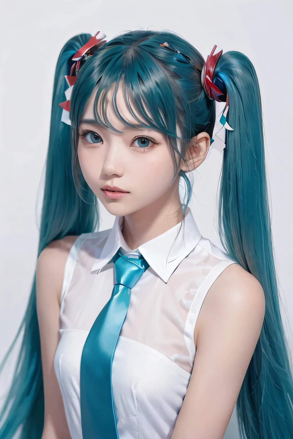 {The theme is Hatsune Miku}、(White Sleeveless Long Shirt:1.3)、((turquoise tie))、 (Red hairpin:1.3)、(twin tails、crazy turquoise long hair:1.3)、, shiny hair, expressive hair, crystal hair, gradient eyes, Artistic, conceptual art, glitter effect , shine, UHD, retina, masterpiece, Accurate, anatomically correct, Super detailed, high detail, fine skin,((flat body、slim、cute:1.3))、(simple background:1.3)