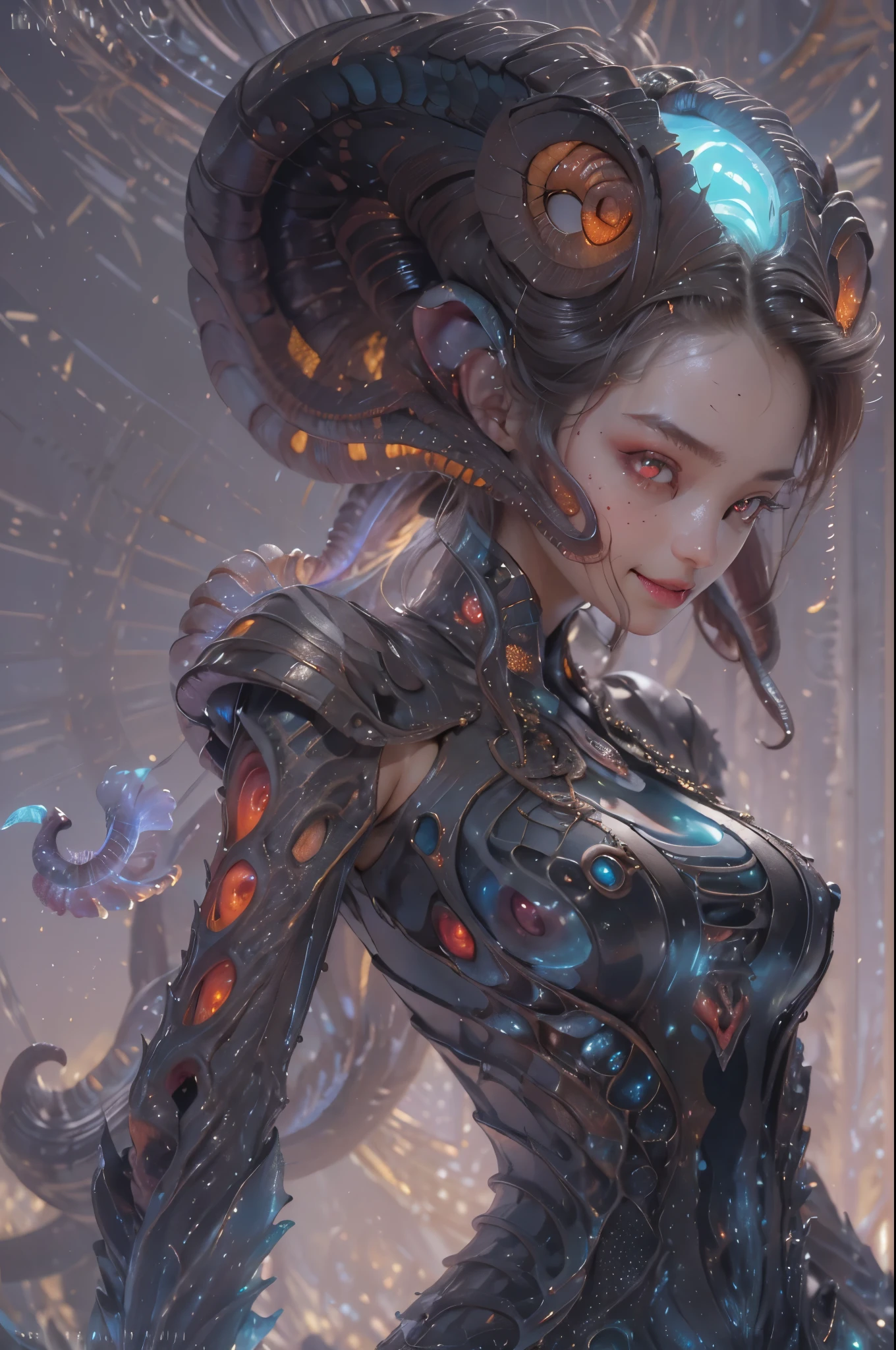 scary and sexy detailed art in color, Portrait, (beautiful and obscene female alien:1.4), (vulgarity1.7), (she has red eyes with no pupils:1.8), (Translucent skin:1.7), (There is a female genital-like organ in the middle of the forehead:1.9), (The most beautiful face in the history of the universe:1.2),an evil gaze that seduces, (large mouth:1.1), (sharp teeth like a vampire:1.2), Full body portrait, (bio luminescent:1.5), (Smile wickedly:1.3), (sexypose:1.5), alien, No humans, cells are fused, (Lots of translucent tentacles:1.3) extraterrestrial, cell, bio image, best quality, 8K,In 4K_quality, High freshness, Dramatic Lighting, masutepiece:1.5,cinematic quality, detail up, (exquisite details:1.2), high resolution, High freshness, drawing faithfully, (Thick eyebrows:1.2), Beautiful eyes with fine symmetry,(Highly detailed face and eyes:1.2), Intimate face, (Super detailed skin quality feeling:1.4), perfect anatomy, (Beautiful toned body:1.5), (Moist skin:1.2), not wearing makeup, (dark circles:1.1), long canines, cinematic drawing of characters, ultra high quality model, cinematic quality, detail up, (exquisite details:1.2), high resolution, High freshness, drawing faithfully, official art, Unity 8K Wall paper, best quality, Very high resolution, ultra detailed artistic photography, midnight aura, unreal engine 5, Ultra Sharp Focus, art by Amano Yoshitaka, ArtGerm, Roisch, intricate artwork, best quality, masterpiece, ultra high resolution, (photos realistic:1.4), ultra realistic realism, dream-like, nautilus, Creation of fantasy, Snail, Dream Snail, (biopunk nautilus:1.3),Thrilling color schemes, ultra realistic realism, seductively smiling, Blue tentacles, Amazing mutation, well-proportioned body, goddess of the deep sea