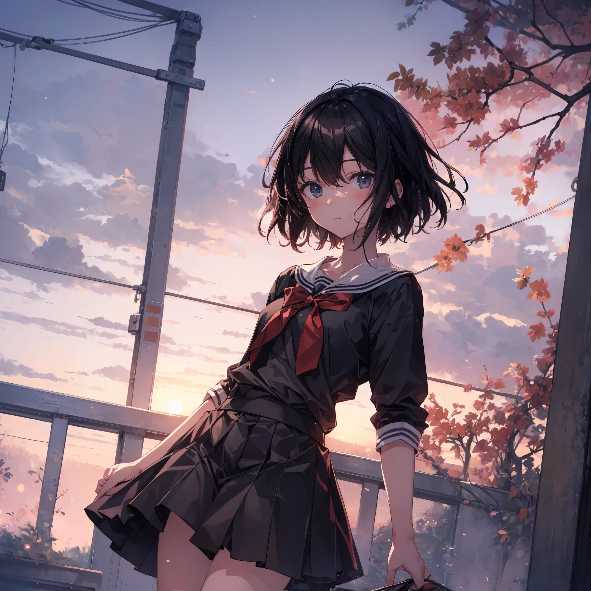 Super high quality by the art god, super detailed, High resolution, Shinkai Makoto style, anime moe art style, best anime 8K konachan wallpaper, pixiv contest winner, perfect anatomy, break,(眠そうにalone学校へ行く女の子を描いてください. ),break, surreal high school girl, (alone,change, Tomboy,:1.3),All limbs, full finger,Middle schoos charm, (very, very short hair), boyish hair, messy hair, flat and soft chest, small ass, between legs, small eyes,beautiful detailed black eyes, Well-proportioned iris and pupils, disgusted eyes, High resolutionの詳細な髪, school uniform, (skirt), On the way to school. break,super dense skin, Best lighting by famous artists, 8K, figure,