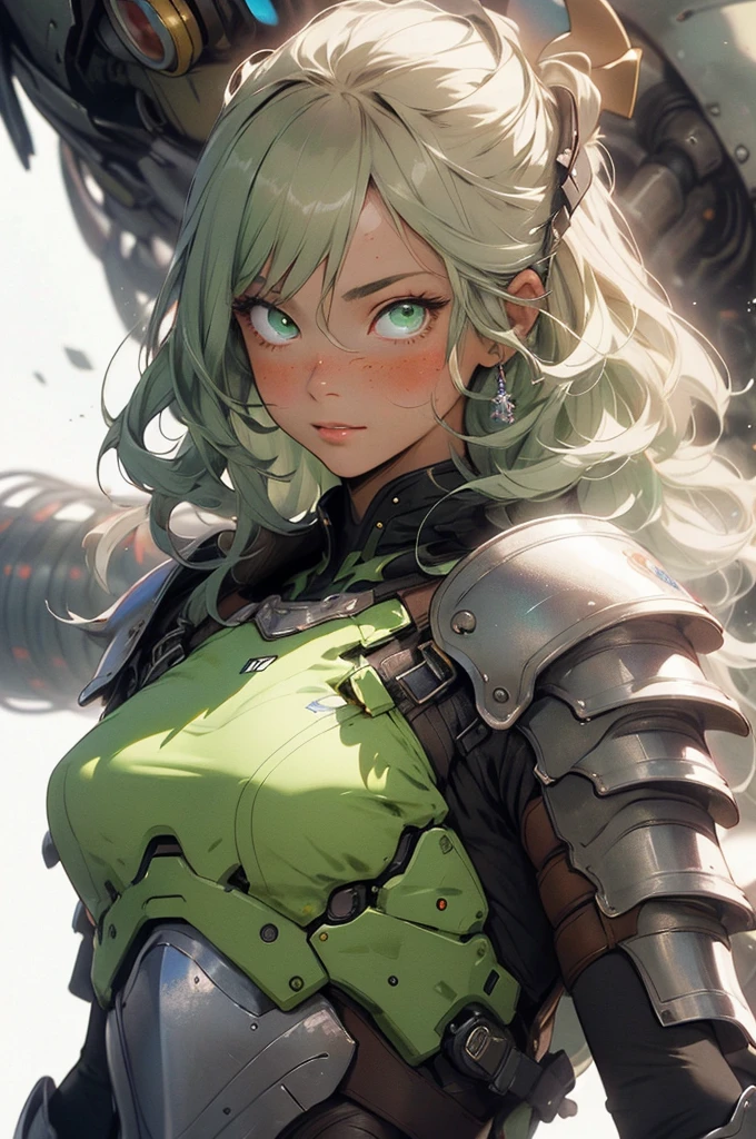 make it realistic,(masterpiece,highest quality),highest quality,very detailed,fractal art,most detailed,(abstract background:1.5)(1 girl),Kamimei,(hair length),(Chest with shining green eyes,stunned),crystallization,high leotard,sexy、machine armor,sunburned skin、