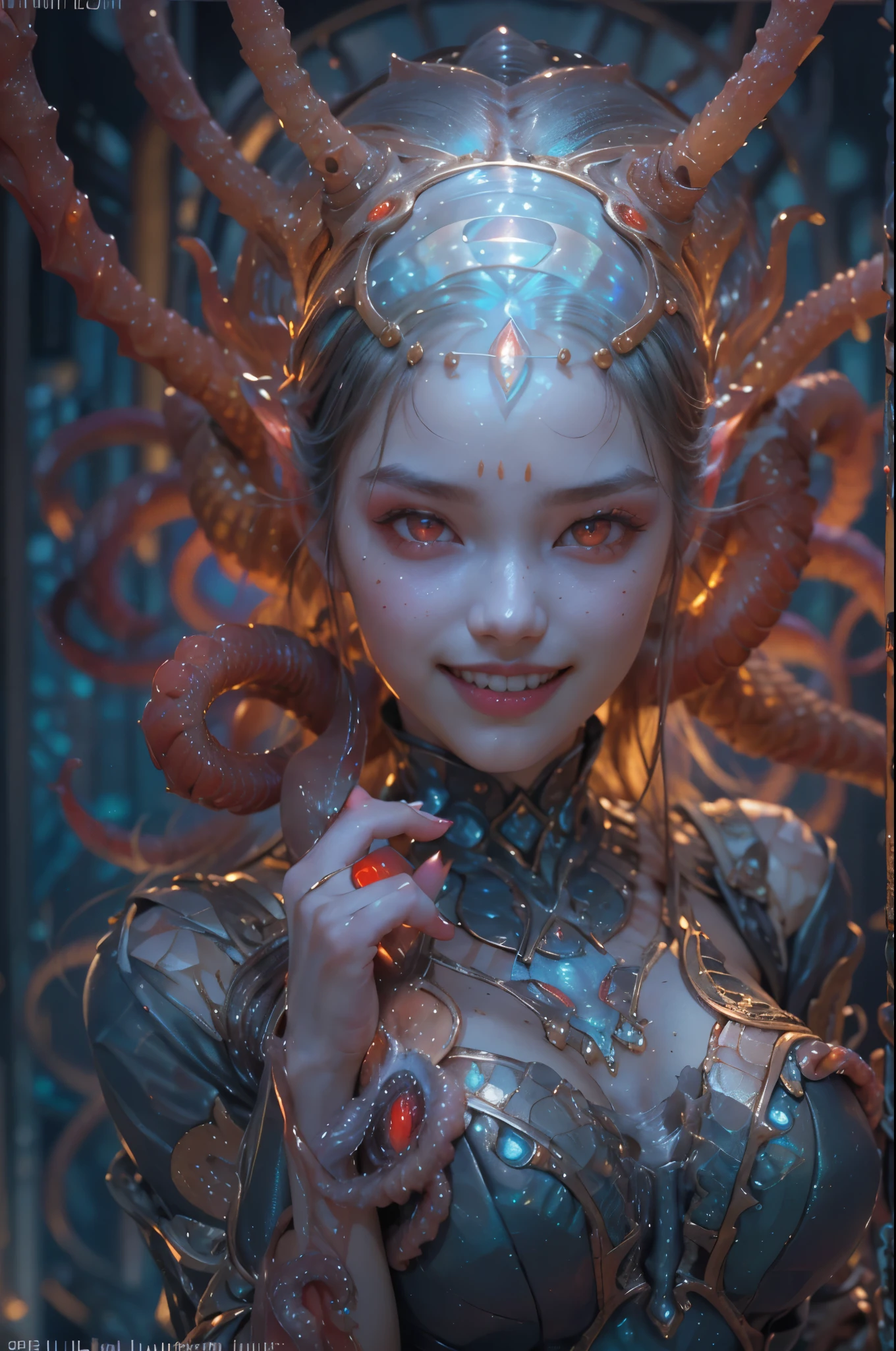 scary and sexy detailed art in color, Portrait, (beautiful and obscene female alien:1.4), (vulgarity1.7), (she has red eyes with no pupils:1.8), (Translucent skin:1.7), (There is a female genital-like organ in the middle of the forehead:1.9), (The most beautiful face in the history of the universe:1.2),an evil gaze that seduces, (large mouth:1.1), (sharp teeth like a vampire:1.2), Full body portrait, (bio luminescent:1.5), (Smile wickedly:1.3), (sexypose:1.5), alien, No humans, cells are fused, (Lots of translucent tentacles:1.3) extraterrestrial, cell, bio image, best quality, 8K,In 4K_quality, High freshness, Dramatic Lighting, masutepiece:1.5,cinematic quality, detail up, (exquisite details:1.2), high resolution, High freshness, drawing faithfully, (Thick eyebrows:1.2), Beautiful eyes with fine symmetry,(Highly detailed face and eyes:1.2), Intimate face, (Super detailed skin quality feeling:1.4), perfect anatomy, (Beautiful toned body:1.5), (Moist skin:1.2), not wearing makeup, (dark circles:1.1), long canines, cinematic drawing of characters, ultra high quality model, cinematic quality, detail up, (exquisite details:1.2), high resolution, High freshness, drawing faithfully, official art, Unity 8K Wall paper, best quality, Very high resolution, ultra detailed artistic photography, midnight aura, unreal engine 5, Ultra Sharp Focus, art by Amano Yoshitaka, ArtGerm, Roisch, intricate artwork, best quality, masterpiece, ultra high resolution, (photos realistic:1.4), ultra realistic realism, dream-like, nautilus, Creation of fantasy, Snail, Dream Snail, (biopunk nautilus:1.3),Thrilling color schemes, ultra realistic realism, seductively smiling, Blue tentacles, Amazing mutation, well-proportioned body, goddess of the deep sea