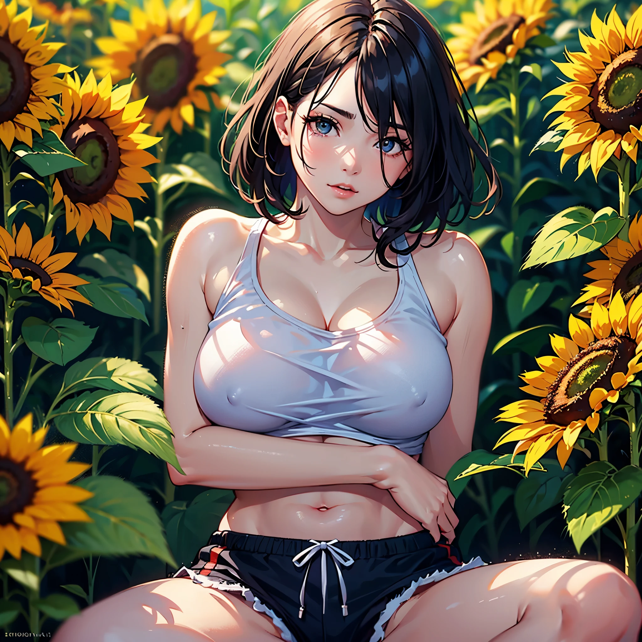 ( view from below , sit in sunflower field :1.3),( bright sunshine on chest :1.2), pale soft skin , pale soft skin , skin pore ,
1girl wear midriff tanktop and gym _ shorts ,( sexy fit body , big natural breast :1.2),(  cute ),( abs :0.8), fluffy short hair , realistic eye and face details , splash detailed , surreal dramatic lighting shadow ,( lofi , analog ), kodak film by Brandon Woelfel Ryan McGinley , warm light , dynamic light , vivid color ,4k8k hd real photo ,
--auto --s2