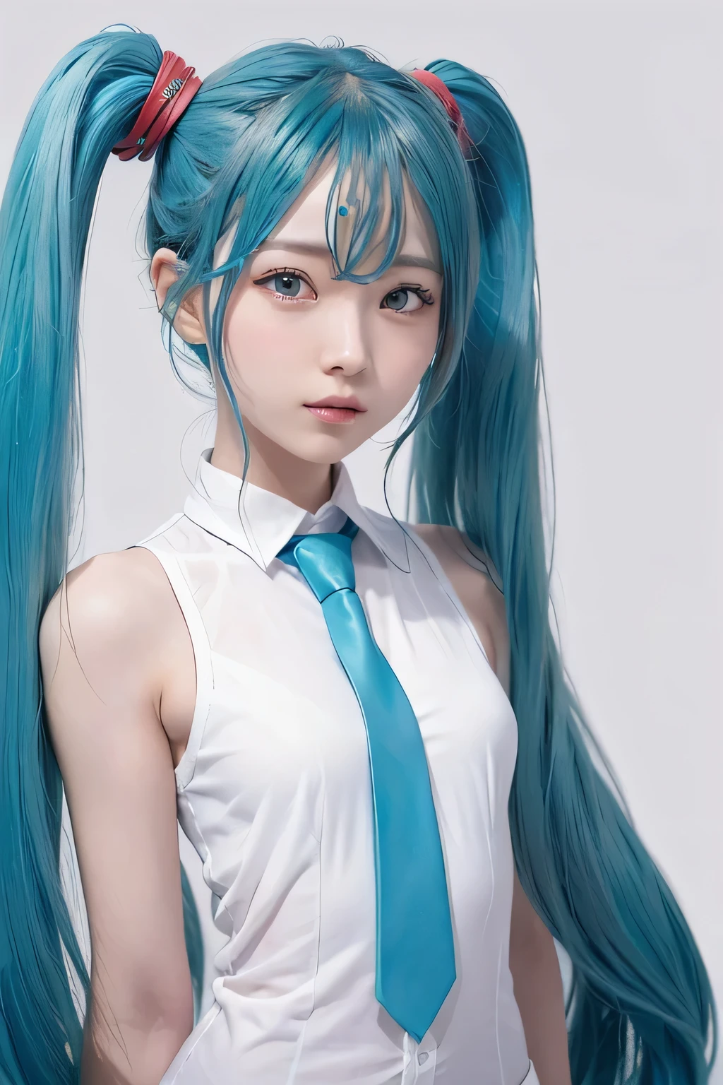 {The theme is Hatsune Miku}、(White Sleeveless Long Shirt:1.3)、((turquoise tie))、 (Red hairpin:1.3)、(twin tails、crazy turquoise long hair:1.3)、, shiny hair, expressive hair, crystal hair, gradient eyes, Artistic, conceptual art, glitter effect , shine, UHD, retina, masterpiece, Accurate, anatomically correct, Super detailed, high detail, fine skin,((flat body、slim、cute:1.3))、(simple background:1.3)