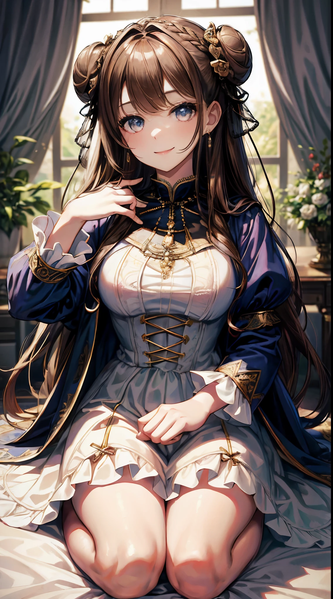 masterpiece、beautiful details、Perfect focus、Uniform 8K wallpapers、RAW photo、(Realm depth:1.5)、(Wariza)、sitting hand between legs、one girl、light brown hair、bun hairstyle、clear deep eyes、smile、happiness、open your mouth、The elegance of a renaissance coat、 Gorgeous floor-length gown in rich jewel tones、Embellished with intricate brocade and velvet fabrics、Fitted bodice with lace-up details、Creates the hourglass silhouette typical of Renaissance fashion。Ornate puff sleeves stand out with decorative bows and ribbons、Adds a dramatic touch。pearl necklace and earrings、Pair it with a pretty hairpin、For an elegant look。