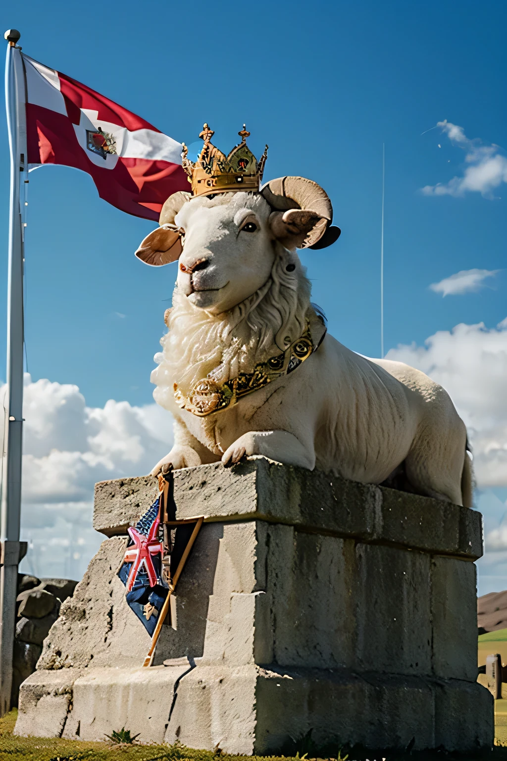 Sheep sitting on the throne,Wearing a crown,There's a flag flying there