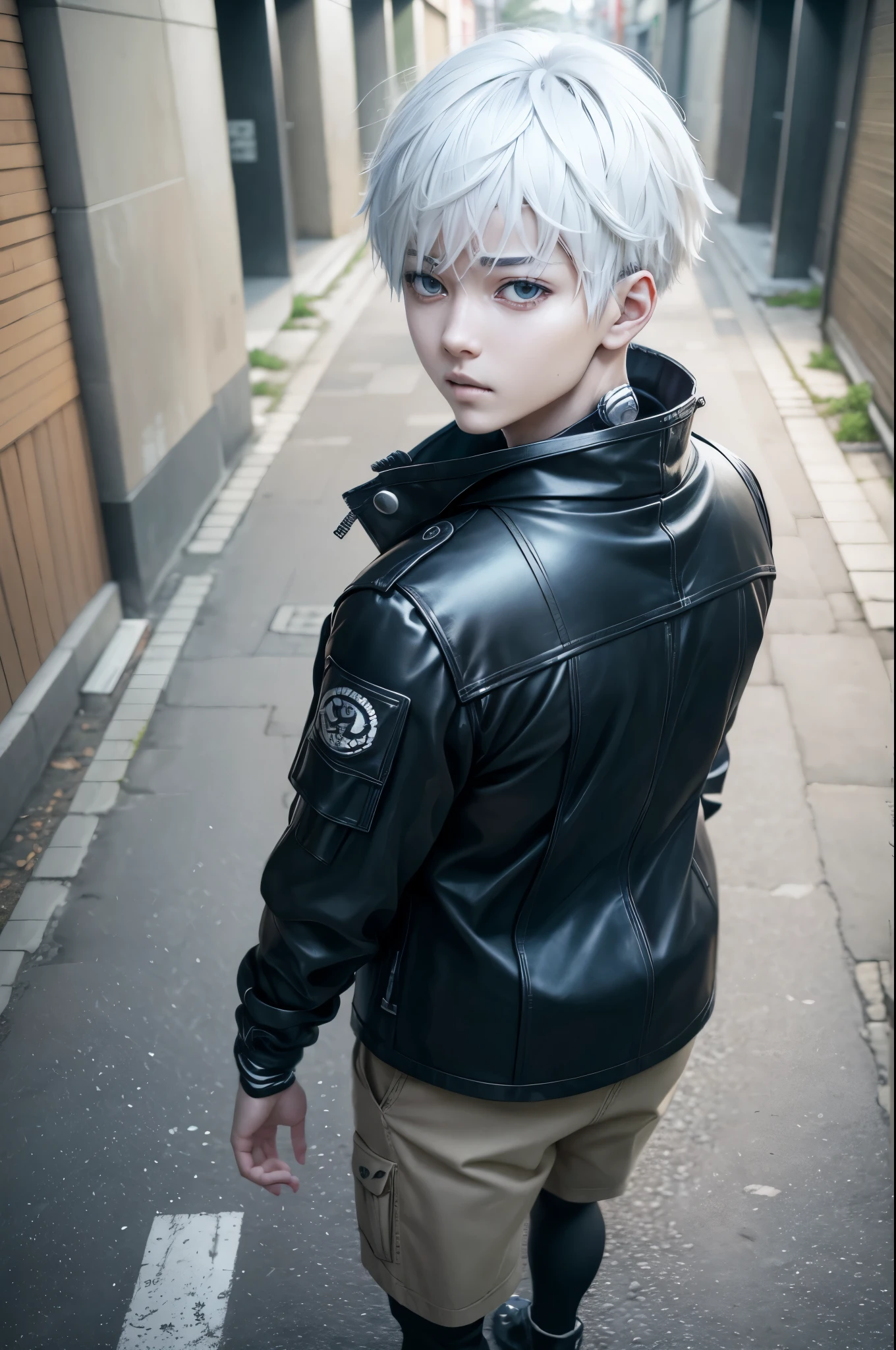 Kaneki Ken, con su cabello blanco, con un parche en su ojo izquierdo, caminando por la ciudad de Tokio, Super realistic photography, obra maestra, la mejor calidad, full HD, 8k