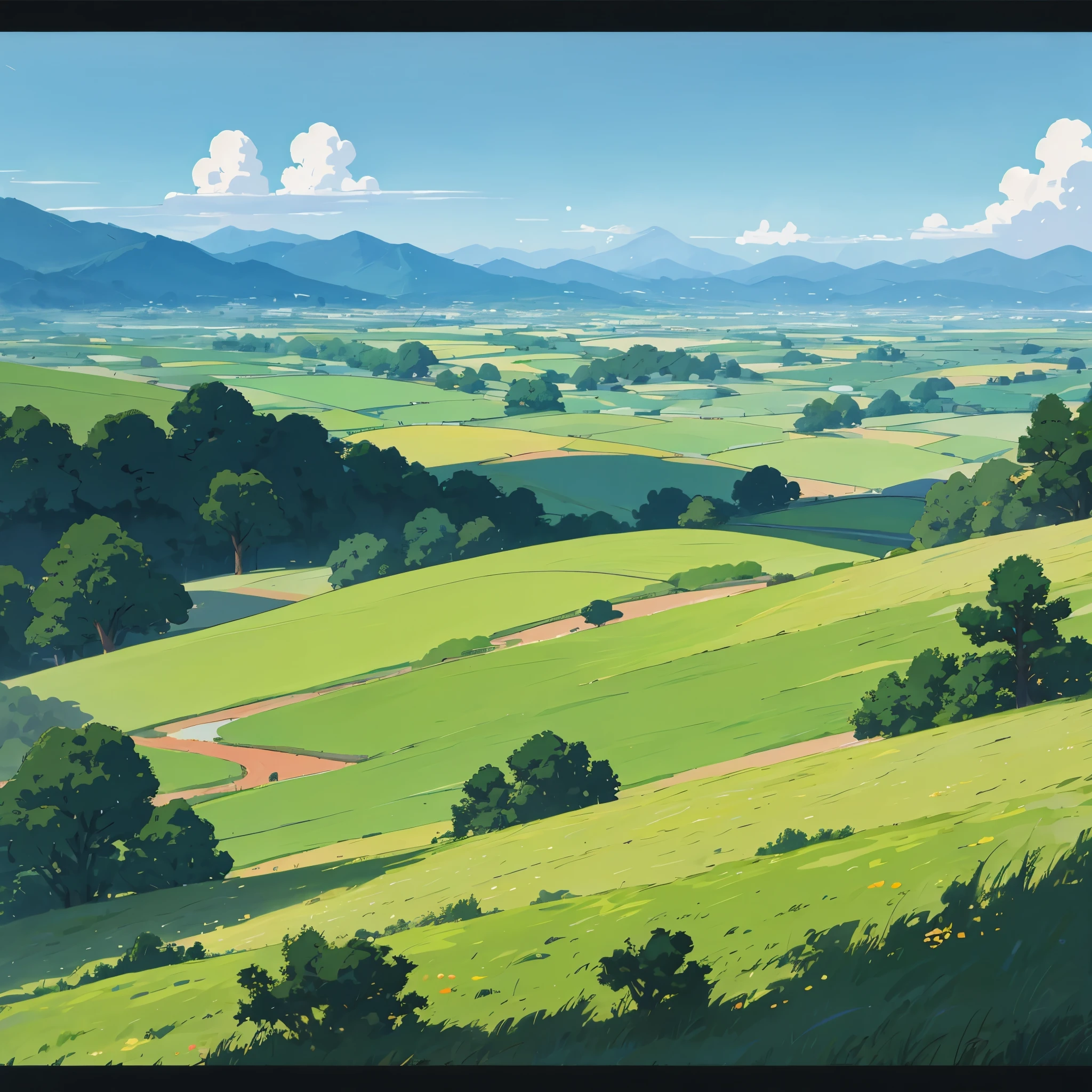 UHD, masterpiece, high quality, 4K, mountains, green fields, in Hayao Myazaki style, some trees, beautiful sky, studio Ghibli style