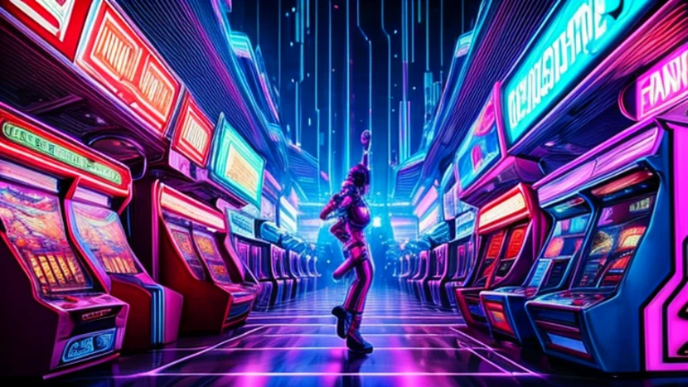 (Best quality,4K,8K,A high resolution,Masterpiece:1.2),Ultra-detailed,(Realistic,Photorealistic,photo-realistic:1.37)
Arcade, Neon lights, vintage vibes, Futuristic cyberpunk, Fantastic atmosphere
Bright colors, vibrant paint palette, Contrasting tones
Amazing building, Futuristic techno city landscape, towering skyscrapers, Holographic billboard
Busy streets, bustling crowd, People dressed in futuristic fashion dancing.
Arcade consoles, Illuminated buttons, Joystick controller
Virtual reality games, immersive experience, Puzzling visuals
Dream fog, Neon light, Particles floating in the air
Synth-wave music, Energetic beats, Nostalgic tunes full of space
excited,  rush, Laughter, Friends who dancing partying. Unforgettable moments, intense competition, Triumphal celebration