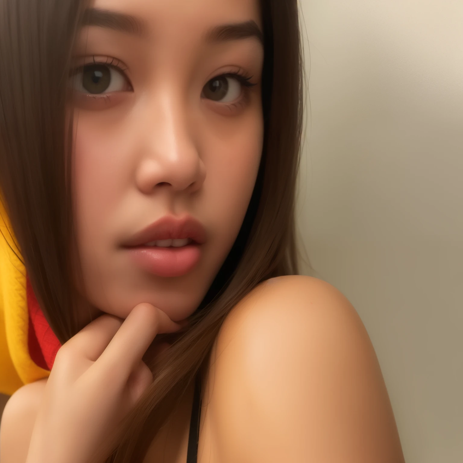 there a woman with a red and yellow scarf on her head, thick lips, 18 years old, portrait sophie mudd, pouty lips, small lips, pokimane, asian face, 1 , close up face, glossy lips, thick red lips, faint red lips, very small lips, 21 years old, beautiful asian girl