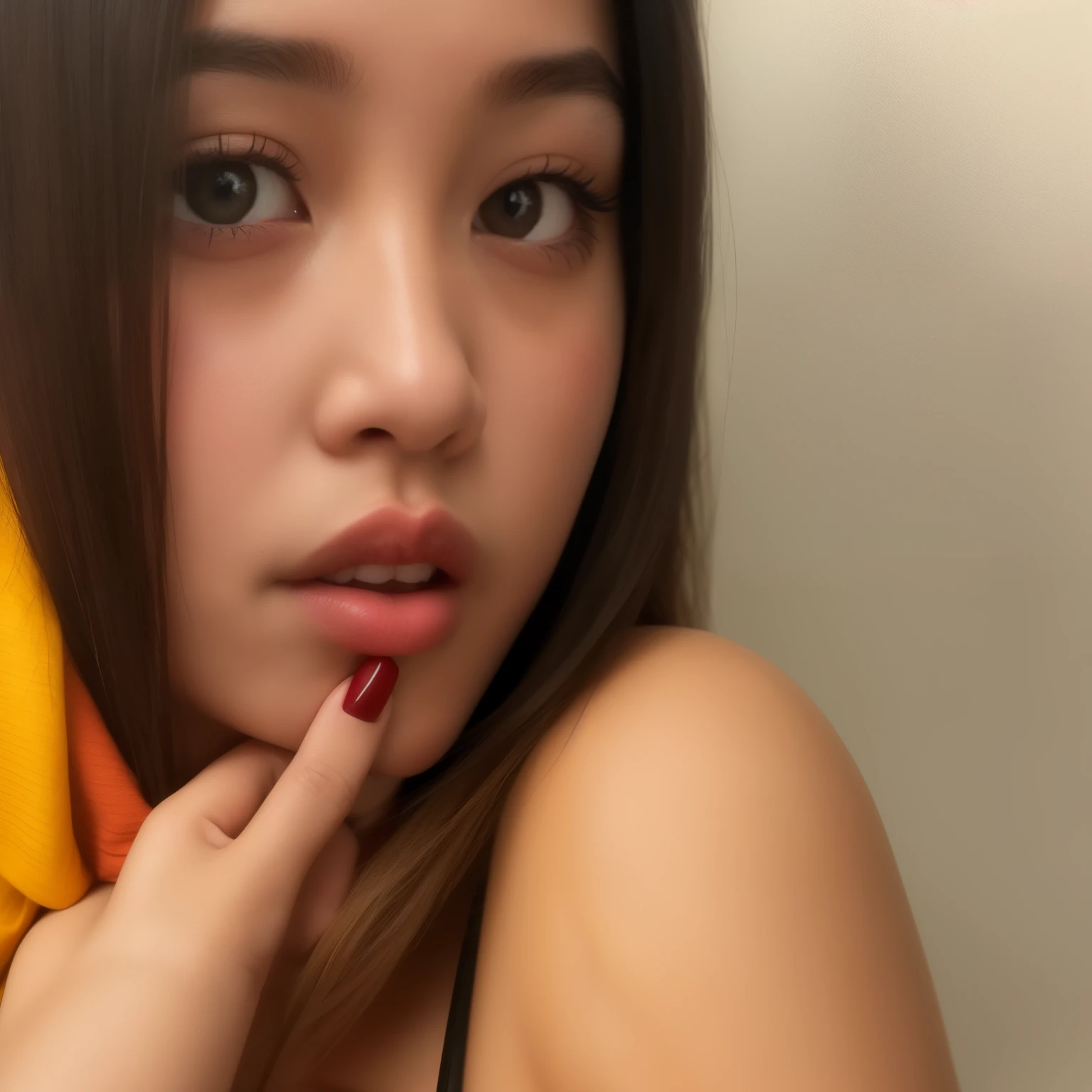 there  a woman with a red and yellow scarf on her head, thick lips, 18 years old, portrait sophie mudd, pouty lips, small lips, pokimane, asian face, 1 6 years old, close up face, glossy lips, thick red lips, faint red lips, very small lips, 21 years old, beautiful asian girl