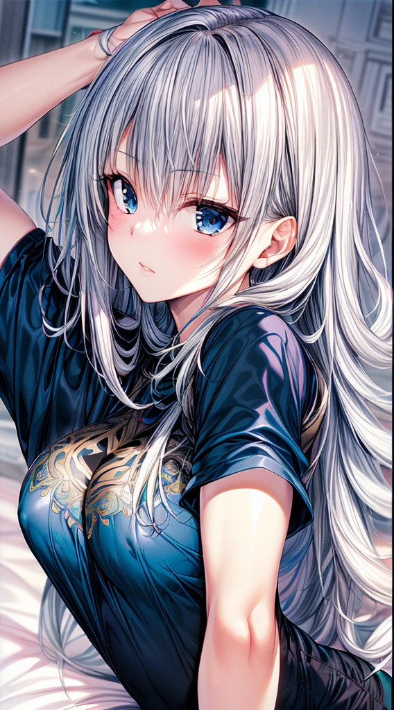 （Enrich the picture，Masterpiece level quality）Beautiful 8K CG artwork,1girl,solo,morgan le fay (fate),detailed face, perfect face, perfect eyes,blue eyes,Long Hair,Very long hair, big boob, grey hair,Slim and soft,big breasts,on the bed,