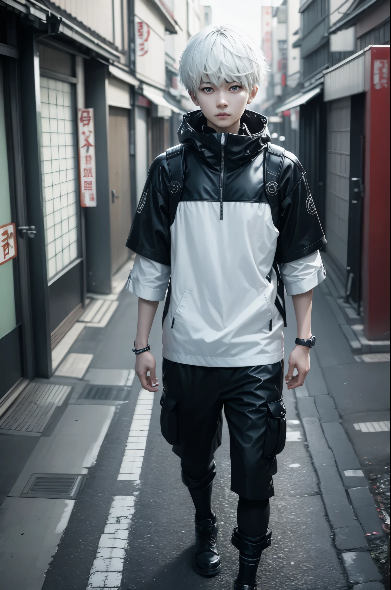 Kaneki Ken, con su cabello blanco, con un parche en su ojo izquierdo, caminando por la ciudad de Tokio, Super realistic photography, obra maestra, la mejor calidad, full HD, 8k