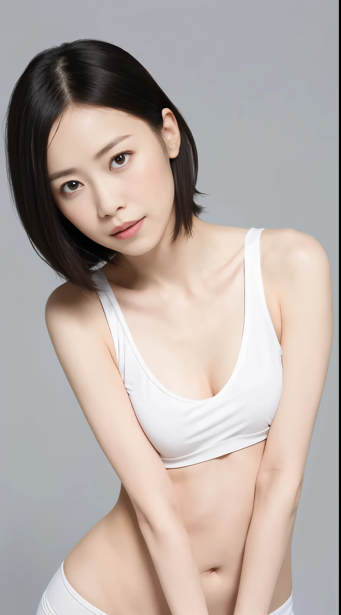 Japanese, Women of short stature, petite physique, Medium build, medium height, slightly plump, Short arms, single eyelid, long slit eyes, Ephemeral atmosphere, 30-year-old girl, black bob hair, ((thin lips)), white top and bottom underwear, muste piece, best quality, detailed skin, detailed eyes, ,8K, good anatomy, upper body portrait