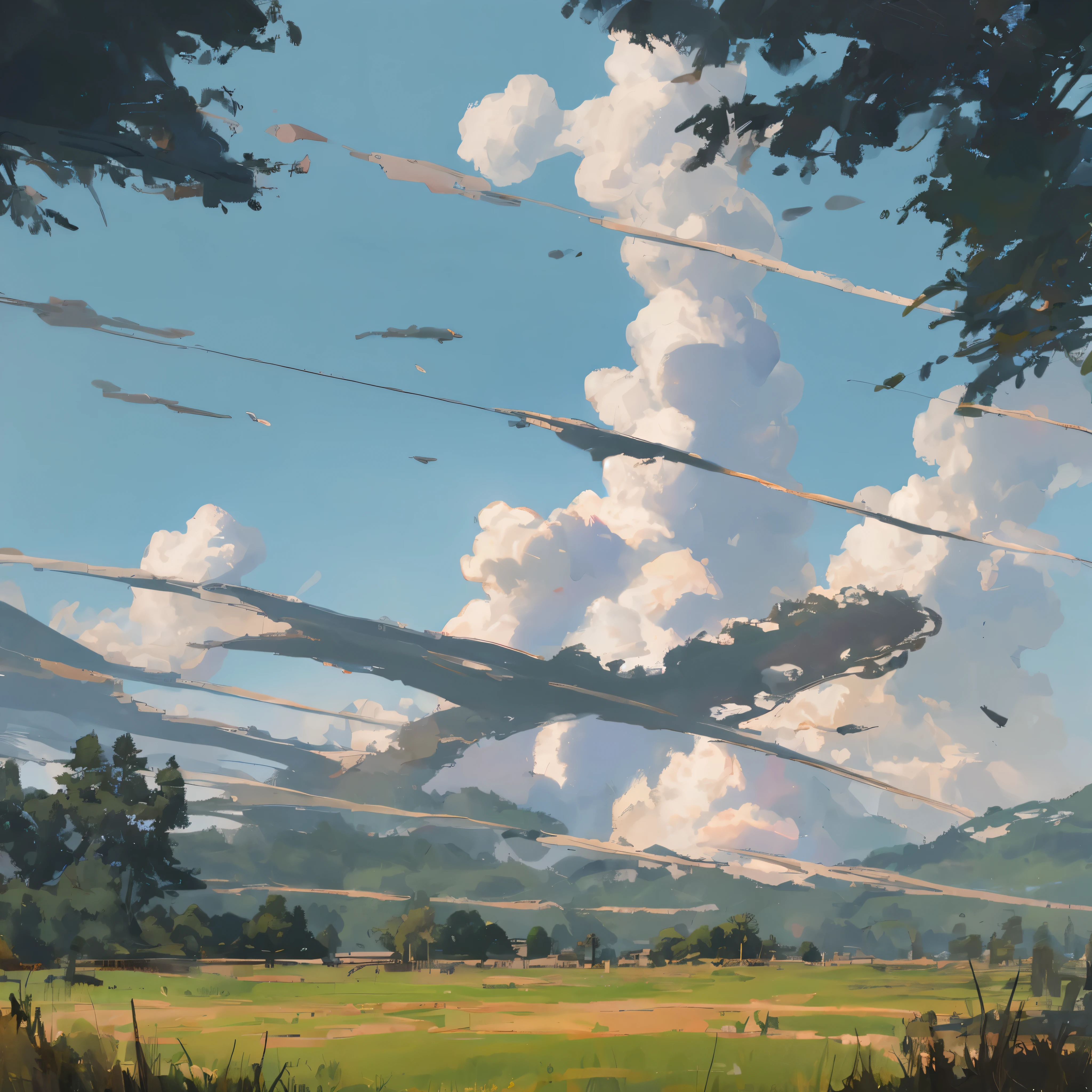 UHD, masterpiece, High quality, 4K, mountains, Green fields, in the style of Hayao Myazaki, some trees, Beautiful sky, Studio Ghibli style