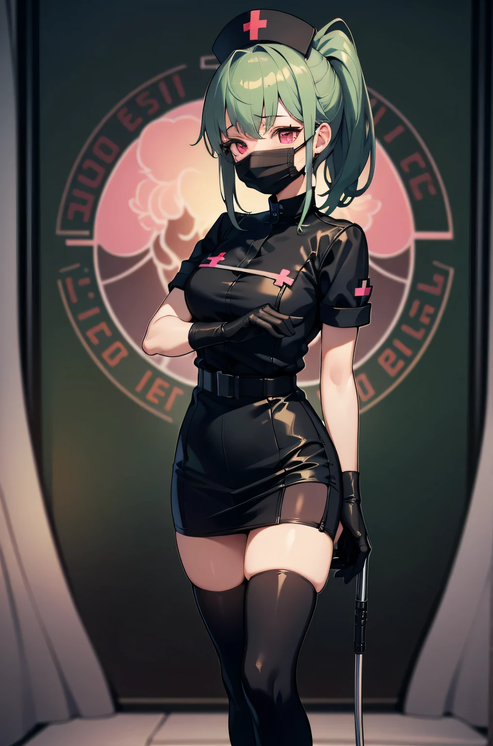 black nurse, 1 girl, alone, black nurse cap, Black Wear, ((black legwear, zettai ryouiki)), black elbow gloves, ponytail, green hair, pink eyes, ((Black surgical mask, Covered nose)), Are standing, ((operating room)), sharp outline, short sleeve, highest quality, masterpiece