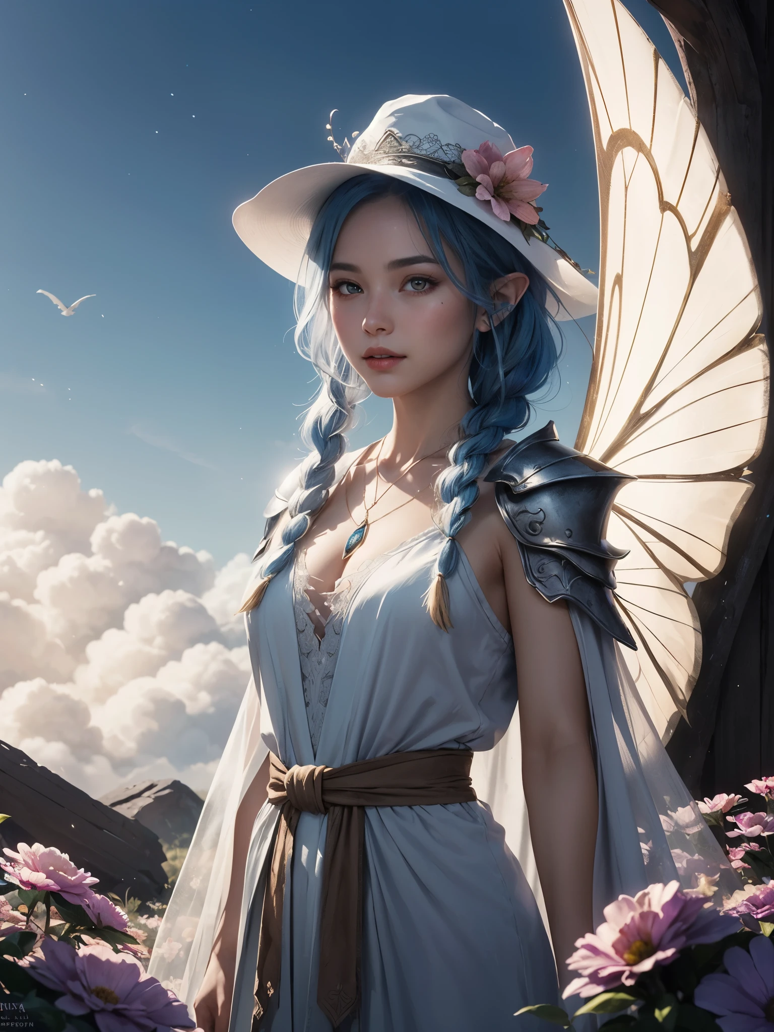 (looking at viewer:1.4), cute spectral ghost, pointy hat, spectral robe, see-through shawl, flying shawls, fairy land, lot of flowers, sunny, cloud, pointy ears, braid hair, glowing necklace, intricate shoulder pad armor, marija, fantasy art, highly detailed, vibrant, magical lighting, film grain,