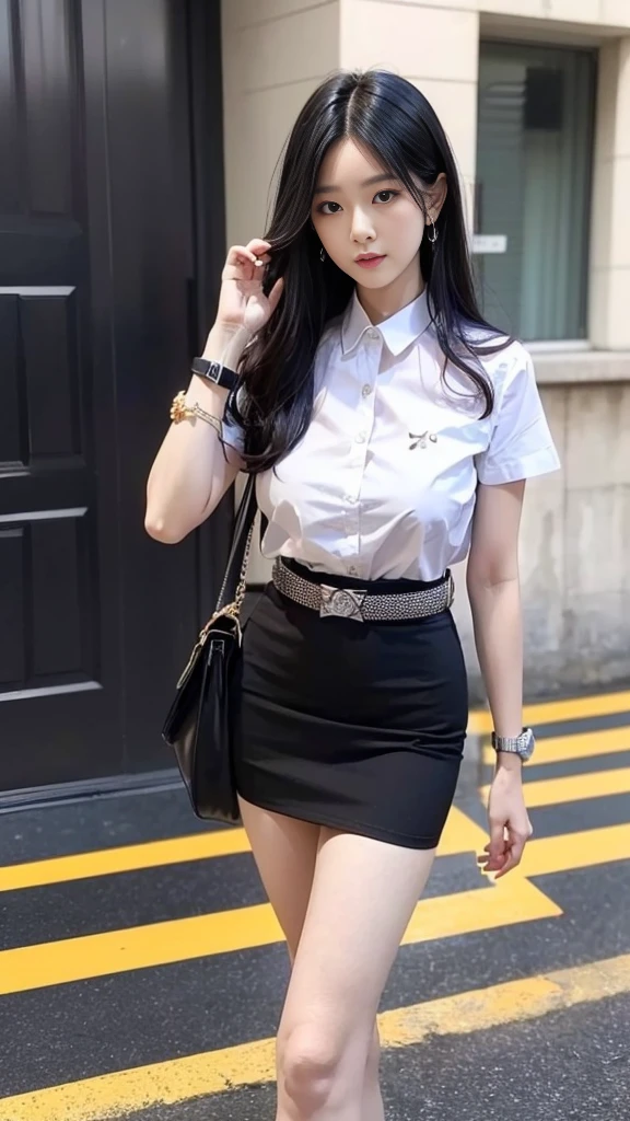 ผู้หญิงญี่ปุ่นที่charming, charming, charmingน่าหลงใหล, ((ผมblack, long hairมาก, straight hair, long hair, The wind is blowing)), ((Beautiful Woman, The texture is realistic., elegant, big girl, dynamic gesture)), ((เสื้อเชิ้ตแขนshortสีขาว เสื้อบางและมองเห็นผิวSkinได้)), ((The chest is clearly visible., Seeing the chest mound., You will see a pile of milk.)), ((pencil skirt, Skin, black, short, women belt)), ((Symmetrical shape, sexy figure)), ((รองเท้าส้นสูงblackสนิท, earring, Put on a watch, women&#39;s jewelry)), ((full body photo, Look at every part of the body.)), ((university backdrop))