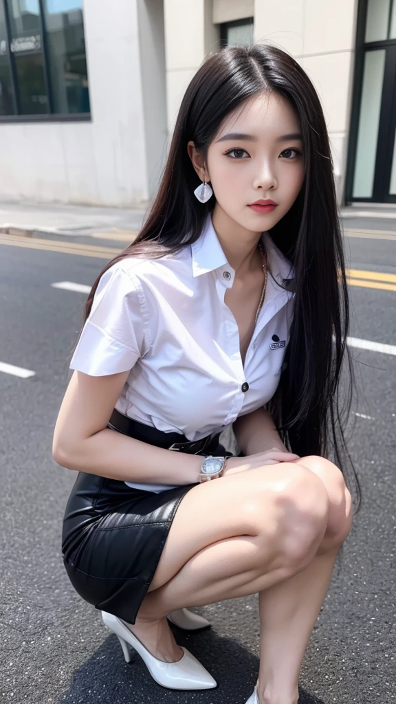 ผู้หญิงญี่ปุ่นที่charming, charming, charmingน่าหลงใหล, ((ผมblack, long hairมาก, straight hair, long hair, The wind is blowing)), ((Beautiful Woman, The texture is realistic., elegant, big girl, dynamic gesture)), ((เสื้อเชิ้ตแขนshortสีขาว เสื้อบางและมองเห็นผิวSkinได้)), ((The chest is clearly visible., Seeing the chest mound., You will see a pile of milk.)), ((pencil skirt, Skin, black, short, women belt)), ((Symmetrical shape, sexy figure)), ((รองเท้าส้นสูงblackสนิท, earring, Put on a watch, women&#39;s jewelry)), ((full body photo, Look at every part of the body.)), ((university backdrop))