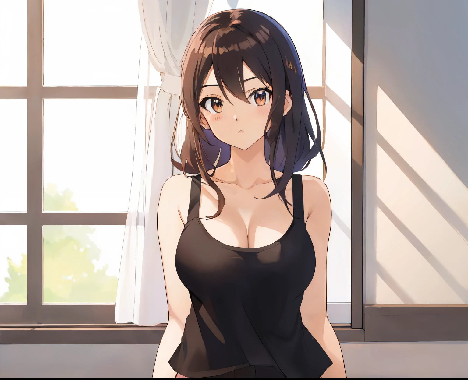 レッドの髪のアニメのgirl, girl, classic shoujo, solo, girl, shoujo romance, official art, ポニーテール髪のgirl, セミロングヘアーの赤髪のgirl, big breasts, with large breasts, fan art, clothing:Black tank top, anime dick!!!!, upper body only, Are standing, girlが見つめている, rei hino as a princess,