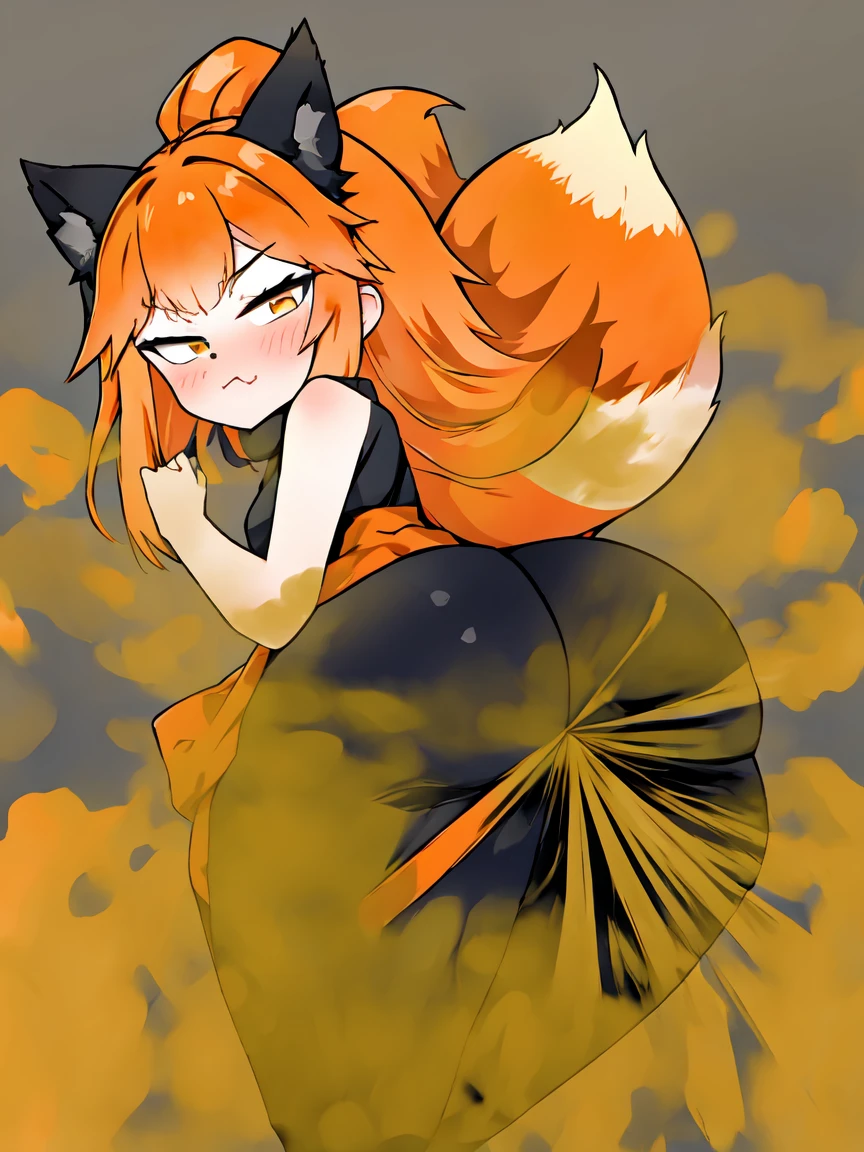 Cute orange fox girl farting（HUD’s two-dimensional face）,Wearing black tightarting(yellow smoke)，hold ass，pouting