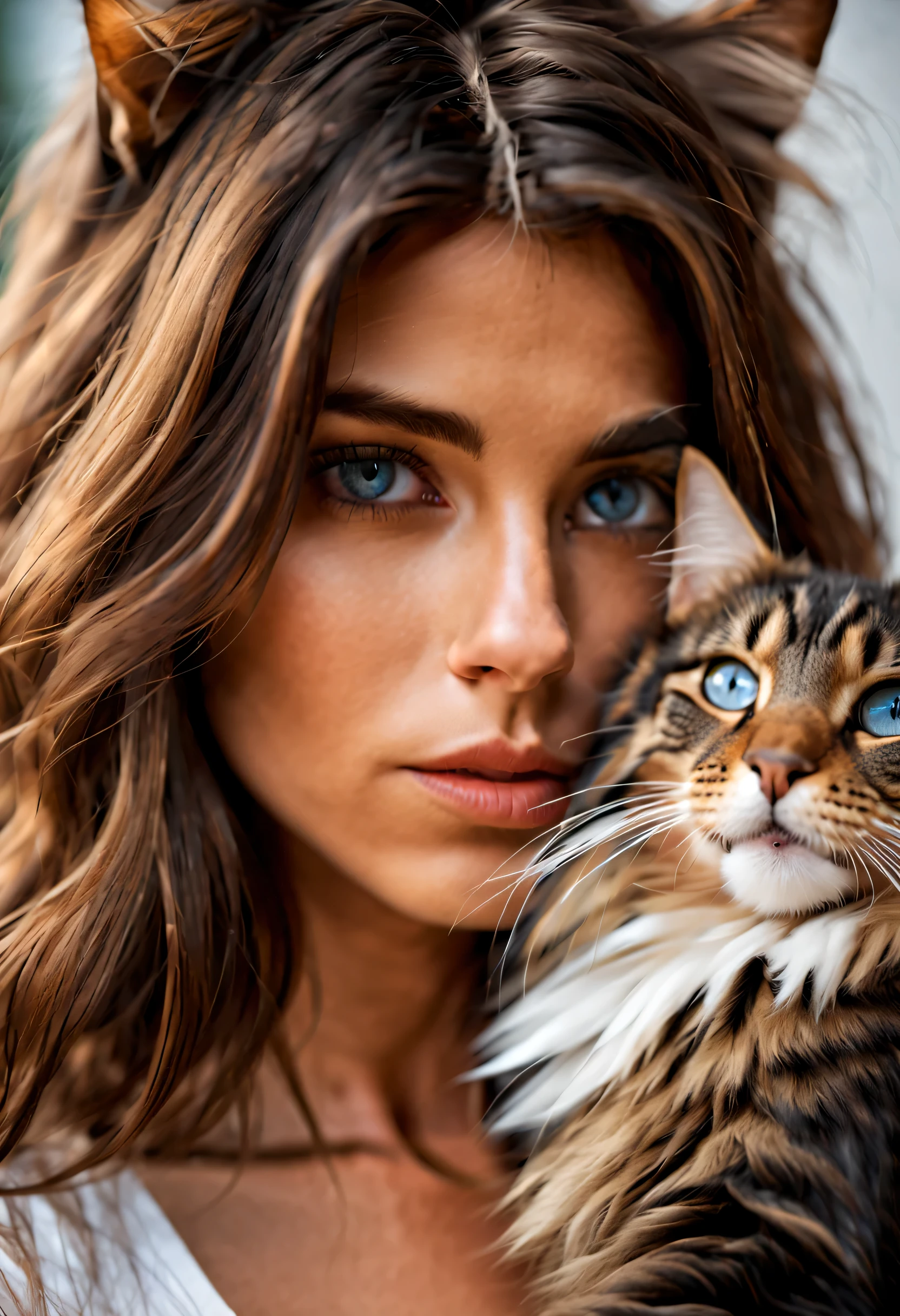 gorgeous maine coon cat breed with her extremely hot girl owner. masterpiece, 1 extremely beautiful girl outside in Italy, , dressed very hot,  20 years old, detailed eye, brunette with blue undertones, curve cut hairstyle, top-quality, high resolution (Realisticity: 1.4) tall ( 5 ft 9), skinny, fit, tanned, beautiful hands, long legs, tanned, detailed blue eyes, cinematic lighting, european beauty, italian, super beauty, beautiful skin, body facing forward (A hyper-realistic). (8K). (detailed). (beautifully detailed eyes), (ultra-detailliert), (wall-) (Natural smile), beautiful white teeth, very beautiful hair. A detailed face, bright lighting, professional lighting, facing straight ahead. (The costume is very provocative and hot). Extremely realistic photo. Together with her is her cat, an extremely beautiful maine coon breed. black maine coon cat, gorgeous maine cat
