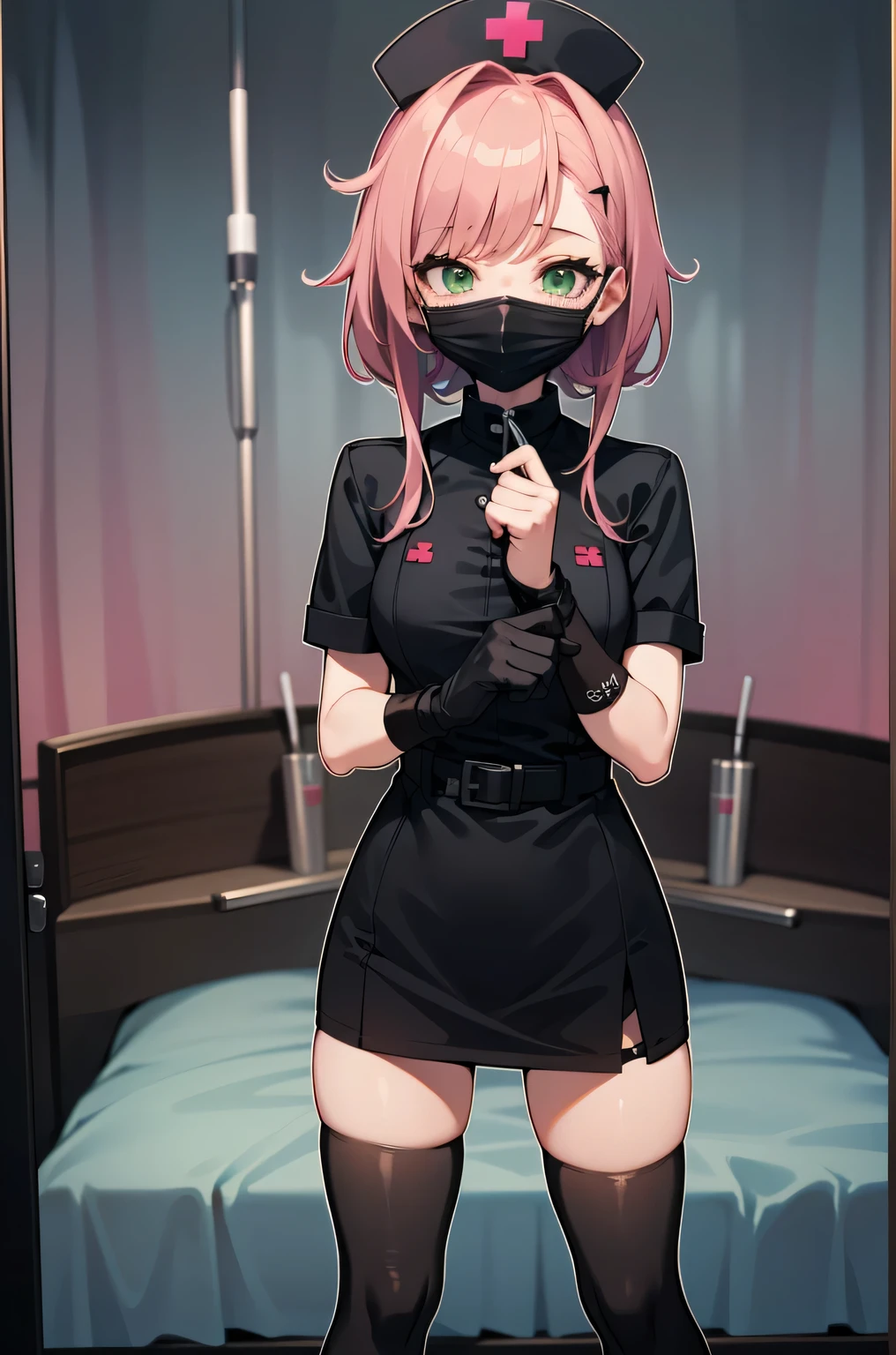 black nurse, 1 girl, alone, black nurse cap, Black Wear, ((black legwear, zettai ryouiki)), black elbow gloves, pink hair, green eyes, droopy eyes, ((Black surgical mask, Covered nose)), Are standing, ((operating room)), sharp outline, short sleeve, highest quality, masterpiece