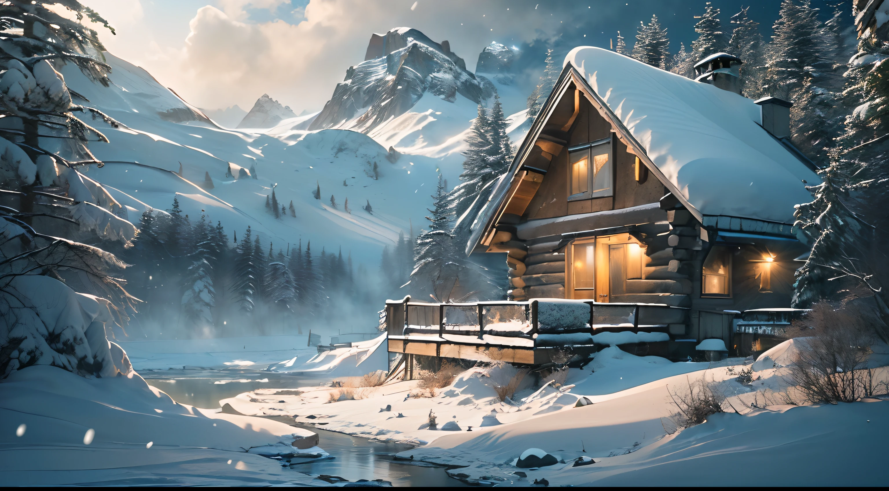 (masterpiece, cinematic IMAX quality:1.3), (a wooden cabin nestled in a snow-covered mountain landscape:1.2), (the rustic structure framed by a pristine winter wonderland:1.2), (captured with a Canon EOS 5D Mark IV for exceptional snowy scenes:1.2), (enhanced by a Canon EF 24-70mm f/2.8L II USM lens for a wide yet detailed view:1.2), (the soft, natural light of the snow creating a serene and cozy atmosphere:1.2), (a moment that transports viewers to a tranquil retreat in the heart of the snowy wilderness:1.2), (ultra photorealistic, highlighting the charm of the wooden cabin against the snowy backdrop:1.3), (an image that immerses viewers in the serene beauty of a snowy mountain escape:1.2), (a captivating portrayal of a cabin in a winter wonderland:1.2).