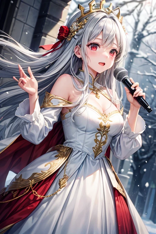 Queen、gray hair、white dress、gold decoration、red eyes、in the snow、sing a song