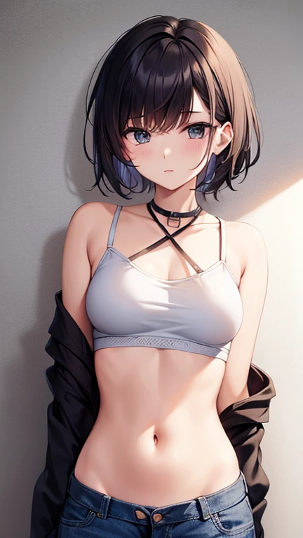 nsfw,1girl,(black hair:1.3),front view,chest_sarashi only,best quality,very aesthetic,absurdres,slacks,cleavage,side-locks,looking at viewer,underboob