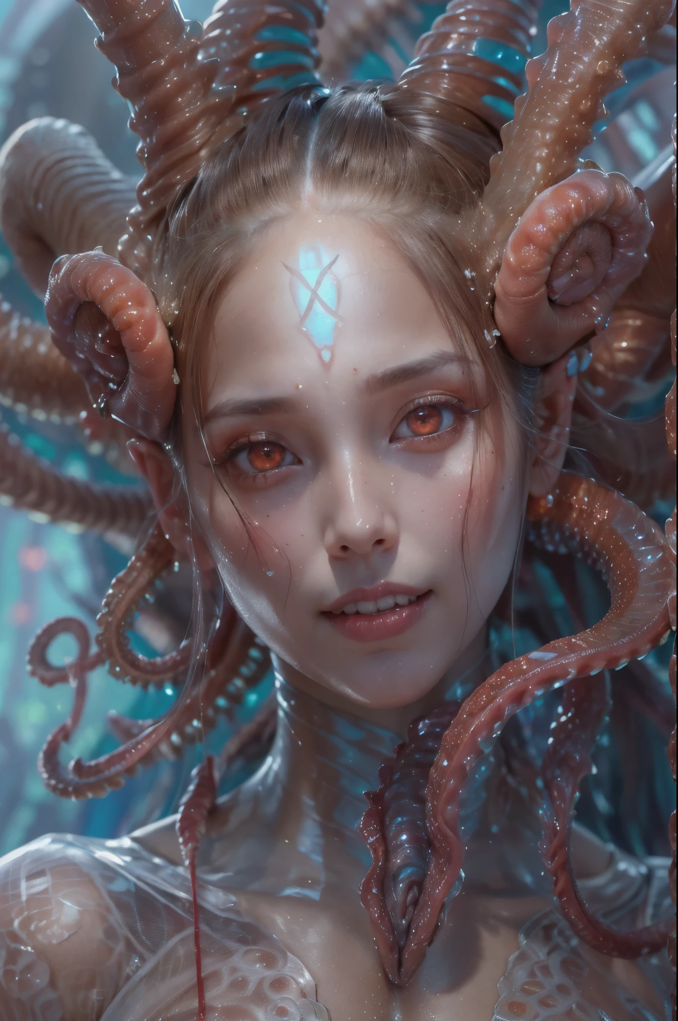 scary and sexy detailed art in color, Portrait, (beautiful and obscene female alien:1.4), (vulgarity1.7), (she has red eyes with no pupils:1.8), (Translucent skin:1.7),  (There is a female genital-like organ in the middle of the forehead:1.9), (The most beautiful face in the history of the universe:1.2),an evil gaze that seduces, (large mouth:1.1), (sharp teeth like a vampire:1.2), Full body portrait, (bio luminescent:1.5), (Smile wickedly:1.3),  (sexypose:1.5), alien, No humans, cells are fused, (Lots of translucent tentacles:1.3) extraterrestrial, cell, bio image, best quality, 8K,In 4K_quality, High freshness, Dramatic Lighting, masutepiece:1.5,cinematic quality, detail up, (exquisite details:1.2), high resolution, High freshness, drawing faithfully, (Thick eyebrows:1.2), Beautiful eyes with fine symmetry,(Highly detailed face and eyes:1.2), Intimate face, (Super detailed skin quality feeling:1.4), perfect anatomy,  (Beautiful toned body:1.5),  (Moist skin:1.2), not wearing makeup, (dark circles:1.1), long canines, cinematic drawing of characters, ultra high quality model, cinematic quality, detail up, (exquisite details:1.2), high resolution, High freshness, drawing faithfully, official art, Unity 8K Wall  , 8K Portrait, best quality, Very high resolution, ultra detailed artistic photography, midnight aura,  unreal engine 5, Ultra Sharp Focus, art by Amano Yoshitaka, ArtGerm, Roisch, intricate artwork, best quality, masterpiece, ultra high resolution, (photos realistic:1.4), ultra realistic realism, dream-like, nautilus, Creation of fantasy, Snail, Dream Snail, (biopunk nautilus:1.3),Thrilling color schemes, ultra realistic realism, seductively smiling, Blue tentacles, Amazing mutation, well-proportioned body, goddess of the deep sea